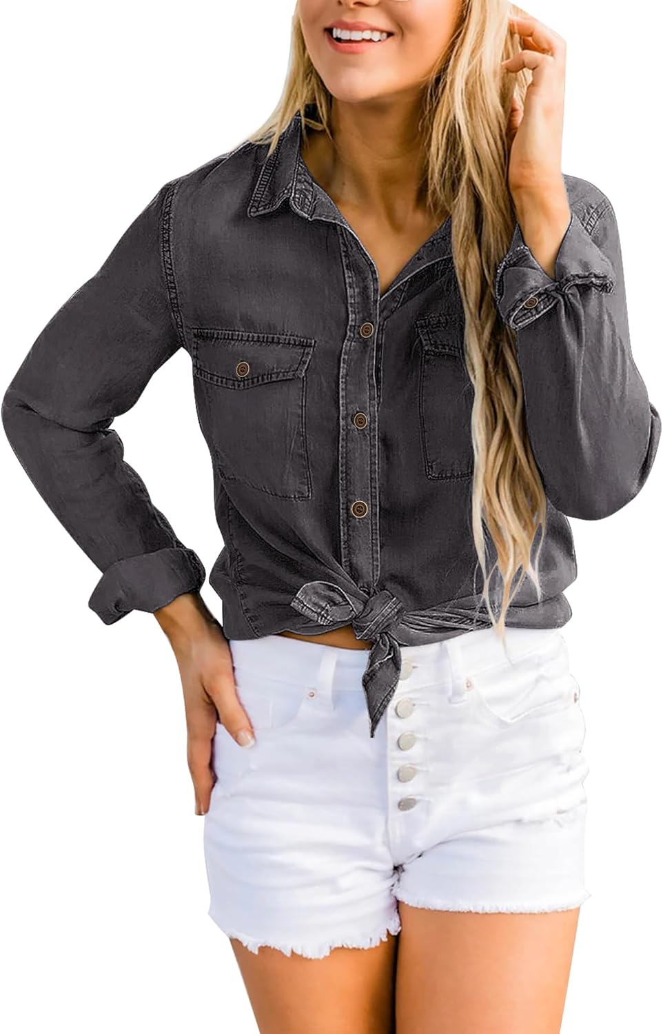 luvamia Denim Shirt Women Chambray Jean Western Shirts Long Sleeve Button Down TopsDark Gray