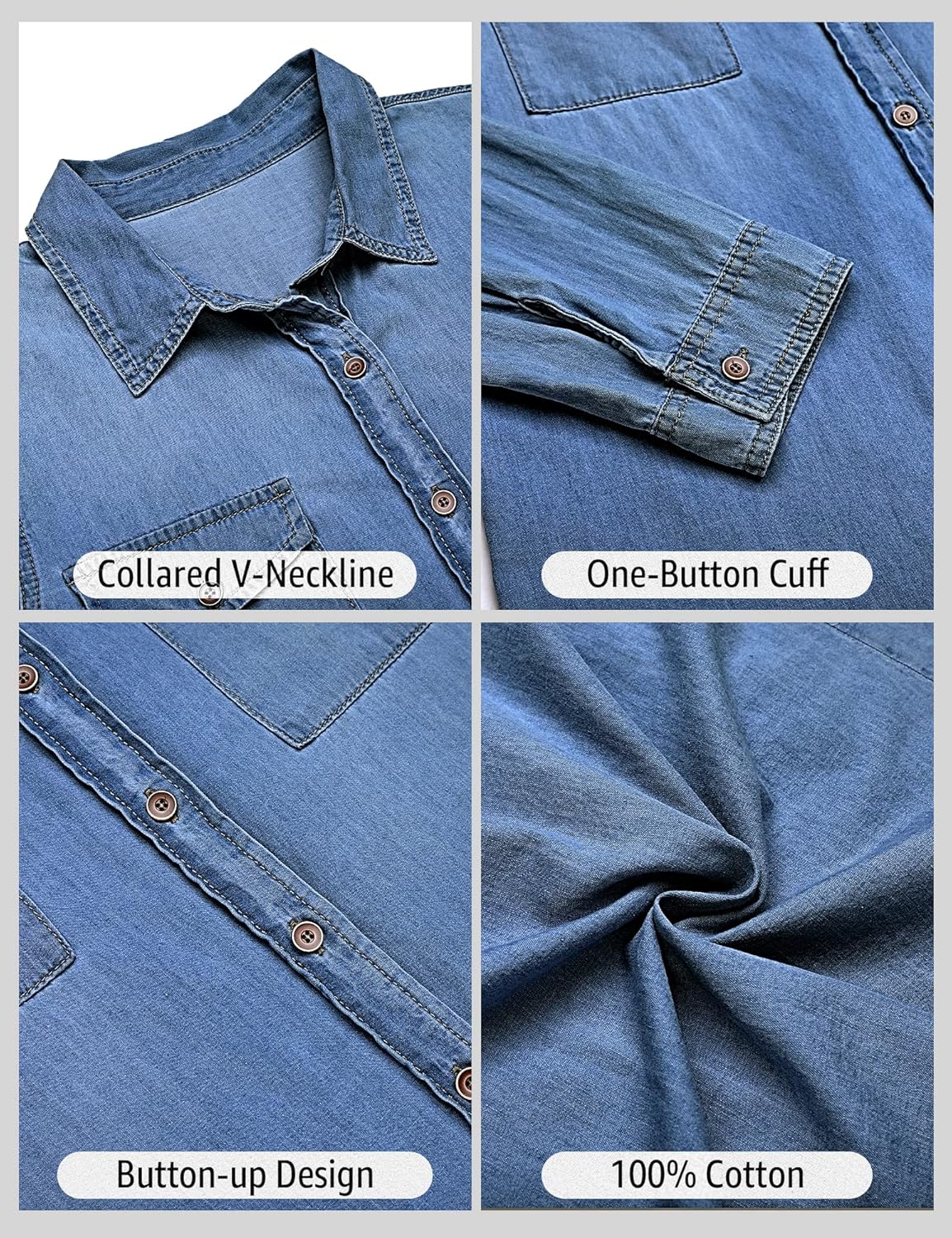 luvamia Denim Shirt Women Chambray Jean Western Shirts Long Sleeve Button Down TopsDeep Blue