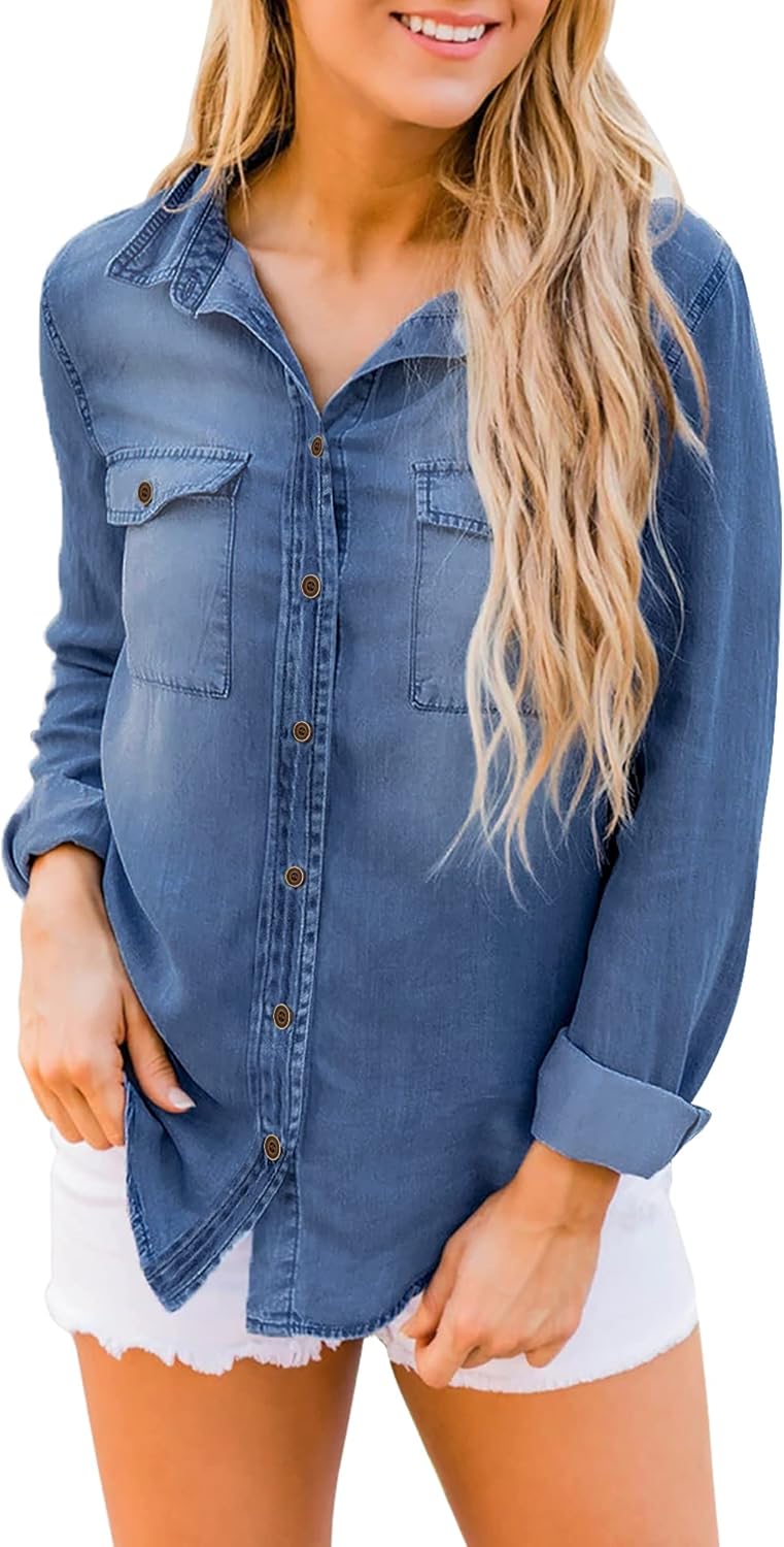 luvamia Denim Shirt Women Chambray Jean Western Shirts Long Sleeve Button Down TopsDeep Blue