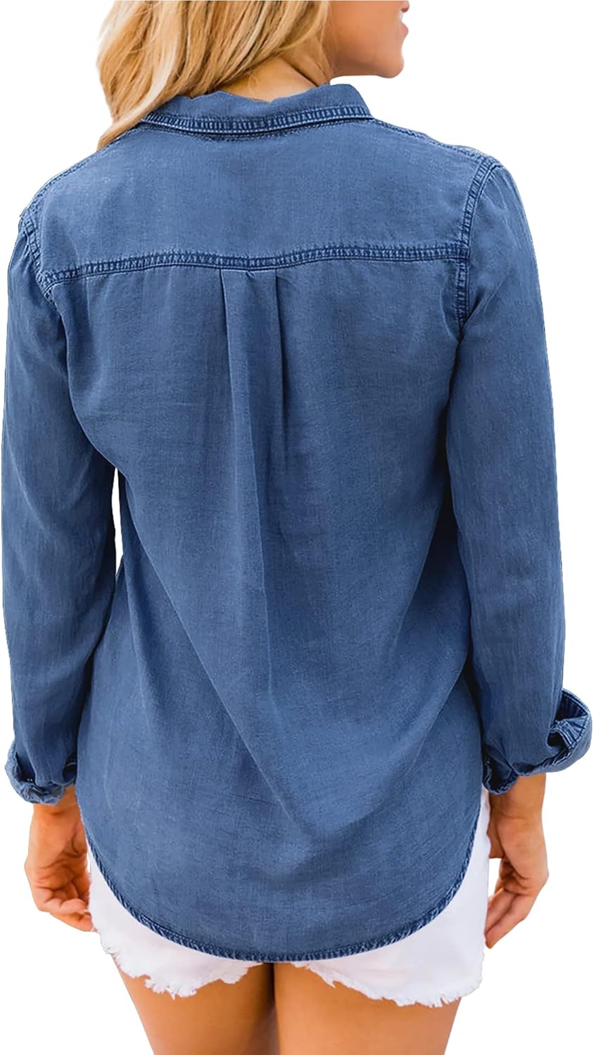 luvamia Denim Shirt Women Chambray Jean Western Shirts Long Sleeve Button Down TopsDeep Blue