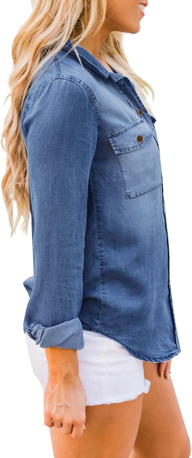 luvamia Denim Shirt Women Chambray Jean Western Shirts Long Sleeve Button Down TopsDeep Blue