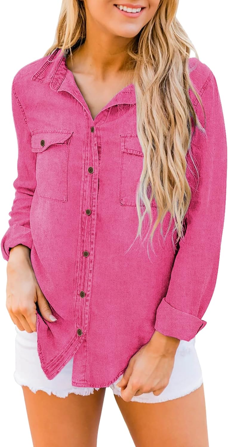 luvamia Denim Shirt Women Chambray Jean Western Shirts Long Sleeve Button Down TopsHot Pink
