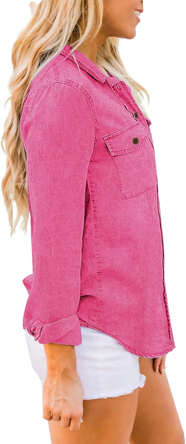 luvamia Denim Shirt Women Chambray Jean Western Shirts Long Sleeve Button Down TopsHot Pink