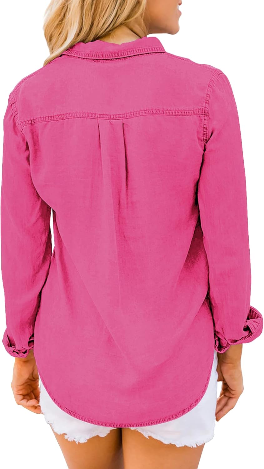 luvamia Denim Shirt Women Chambray Jean Western Shirts Long Sleeve Button Down TopsHot Pink
