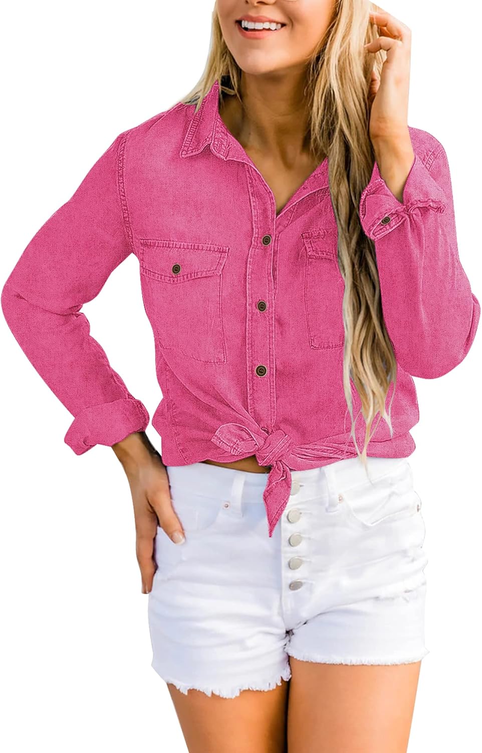 luvamia Denim Shirt Women Chambray Jean Western Shirts Long Sleeve Button Down TopsHot Pink