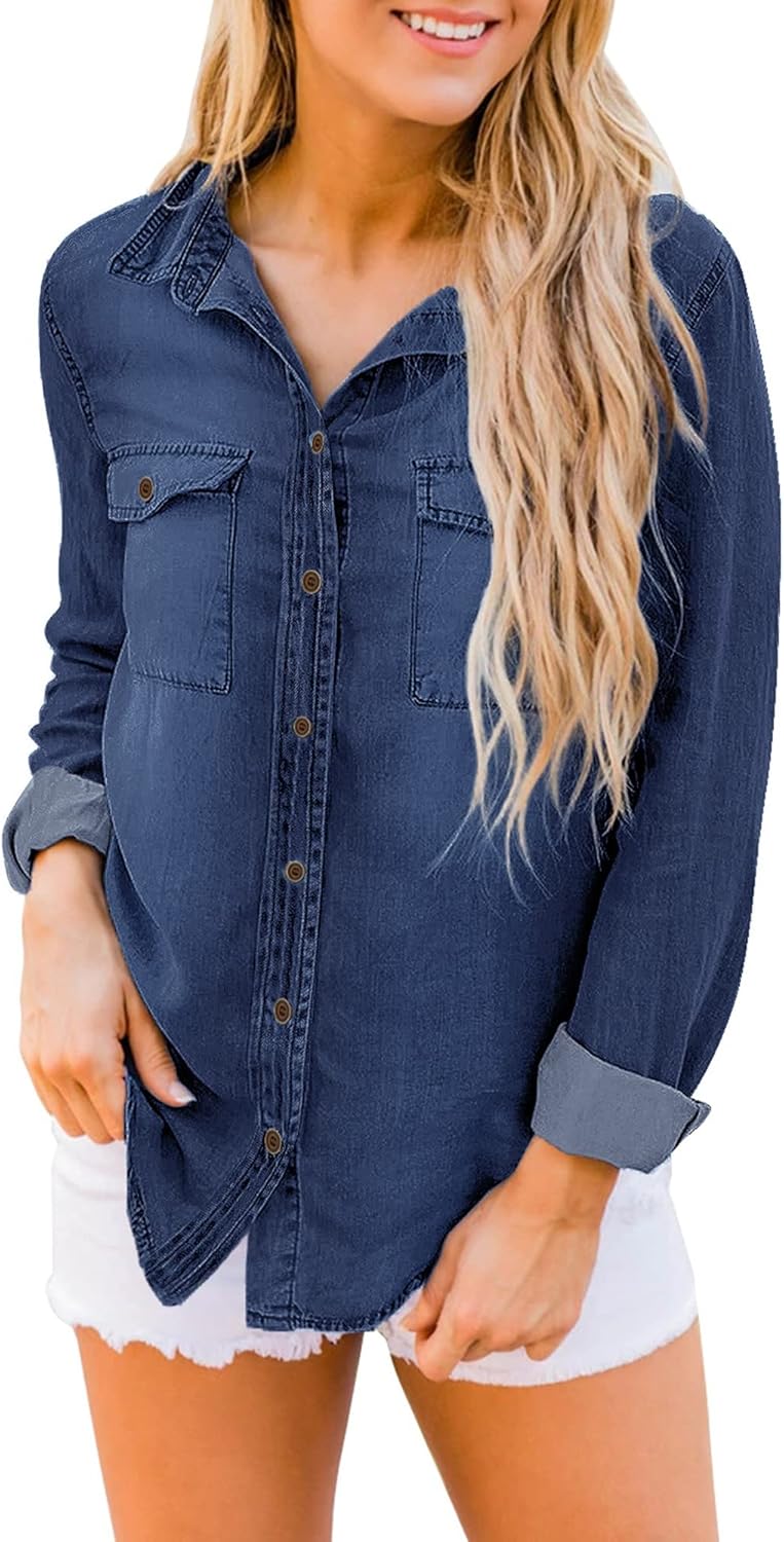 luvamia Denim Shirt Women Chambray Jean Western Shirts Long Sleeve Button Down TopsIndigo Dark Blue