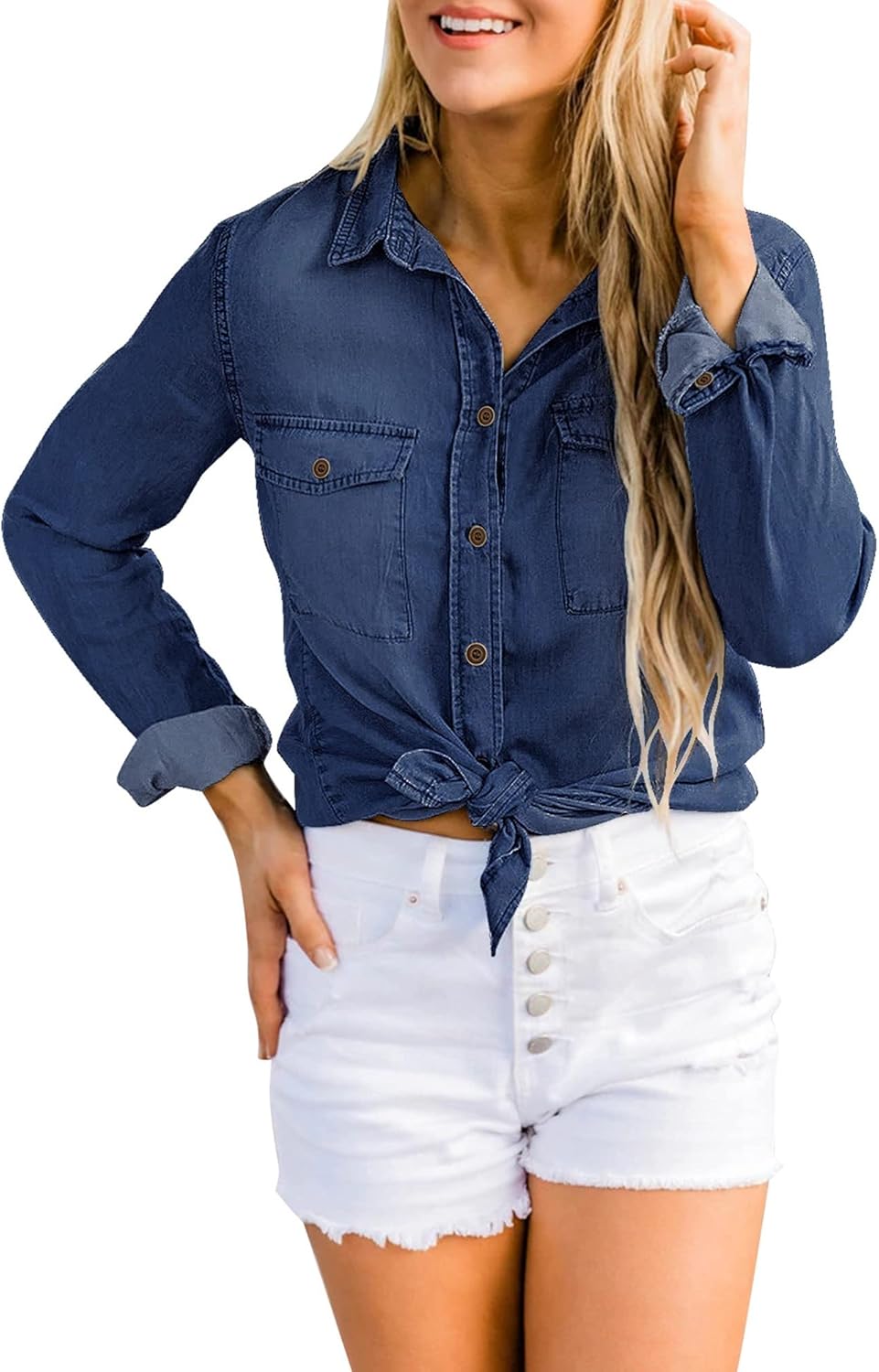 luvamia Denim Shirt Women Chambray Jean Western Shirts Long Sleeve Button Down TopsIndigo Dark Blue