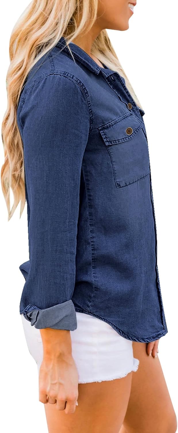 luvamia Denim Shirt Women Chambray Jean Western Shirts Long Sleeve Button Down TopsIndigo Dark Blue