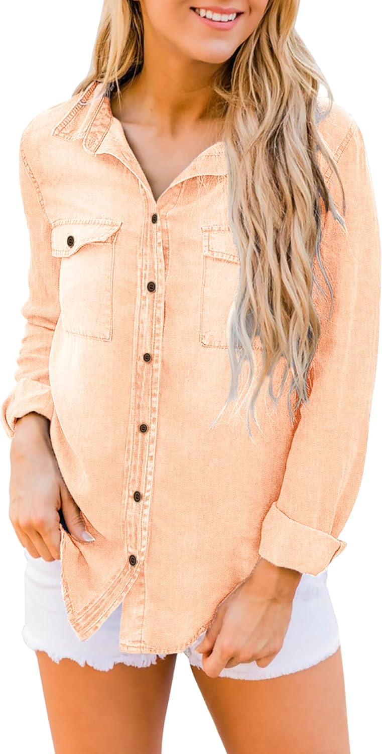 luvamia Denim Shirt Women Chambray Jean Western Shirts Long Sleeve Button Down TopsPastel Rose Tan