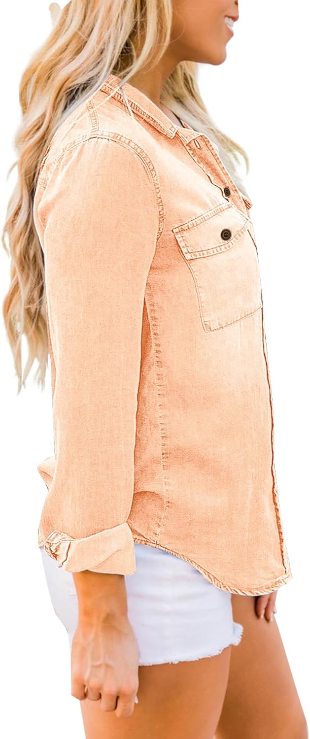 luvamia Denim Shirt Women Chambray Jean Western Shirts Long Sleeve Button Down TopsPastel Rose Tan