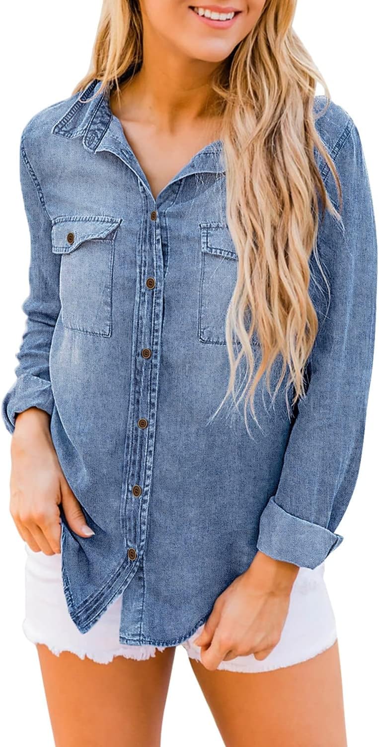 luvamia Denim Shirt Women Chambray Jean Western Shirts Long Sleeve Button Down TopsStone Washed Blue
