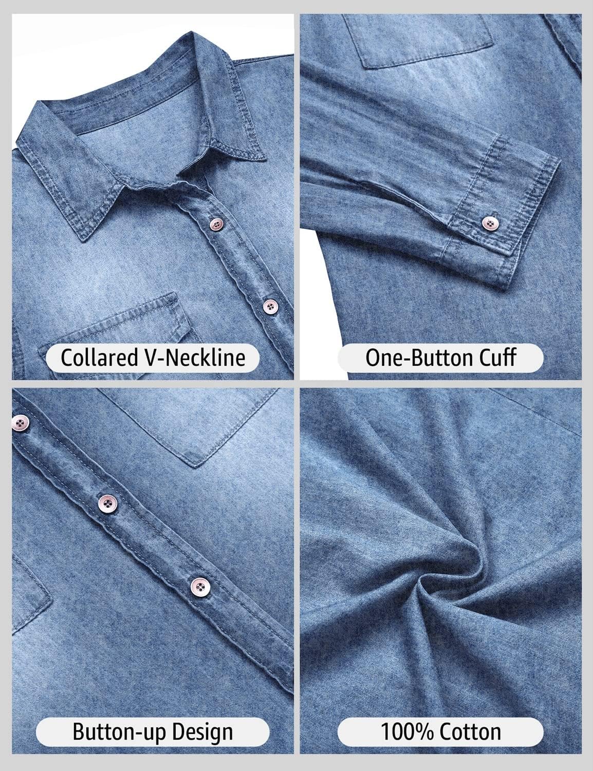 luvamia Denim Shirt Women Chambray Jean Western Shirts Long Sleeve Button Down TopsStone Washed Blue