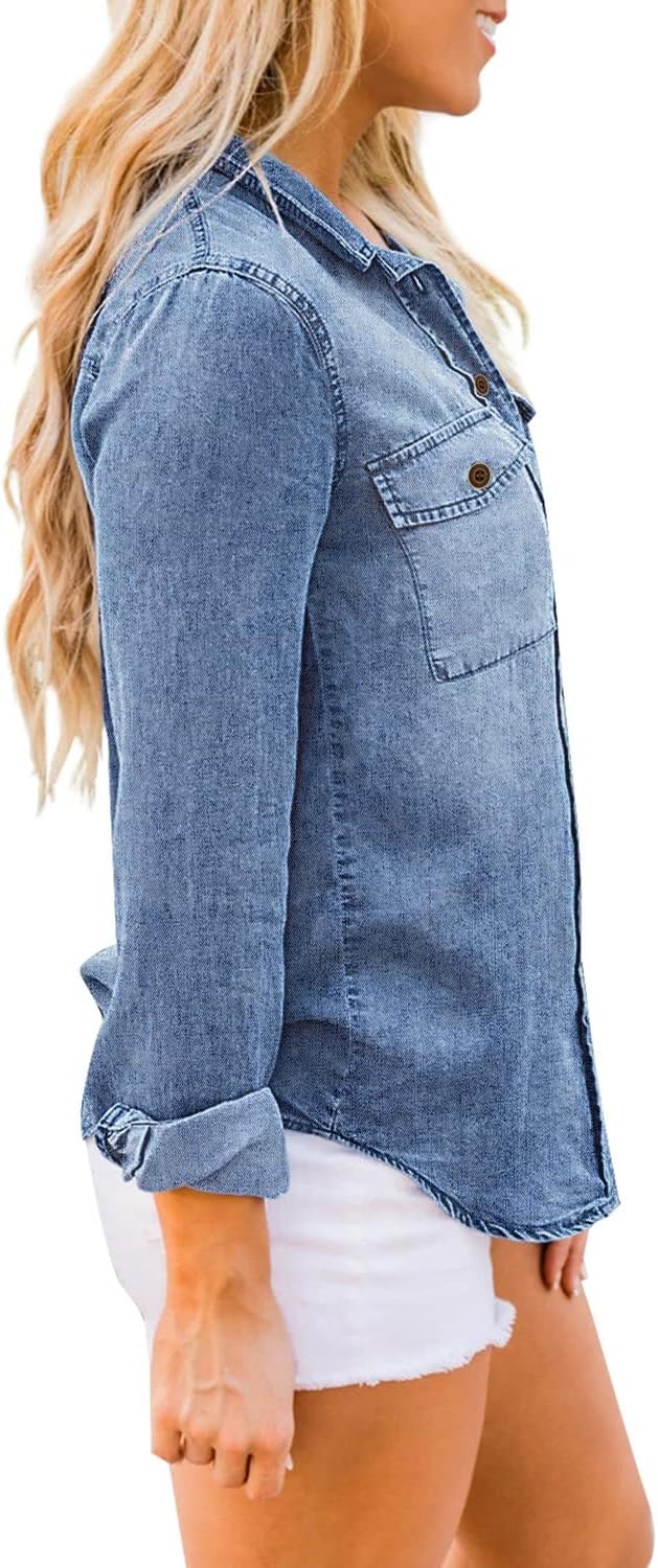 luvamia Denim Shirt Women Chambray Jean Western Shirts Long Sleeve Button Down TopsStone Washed Blue