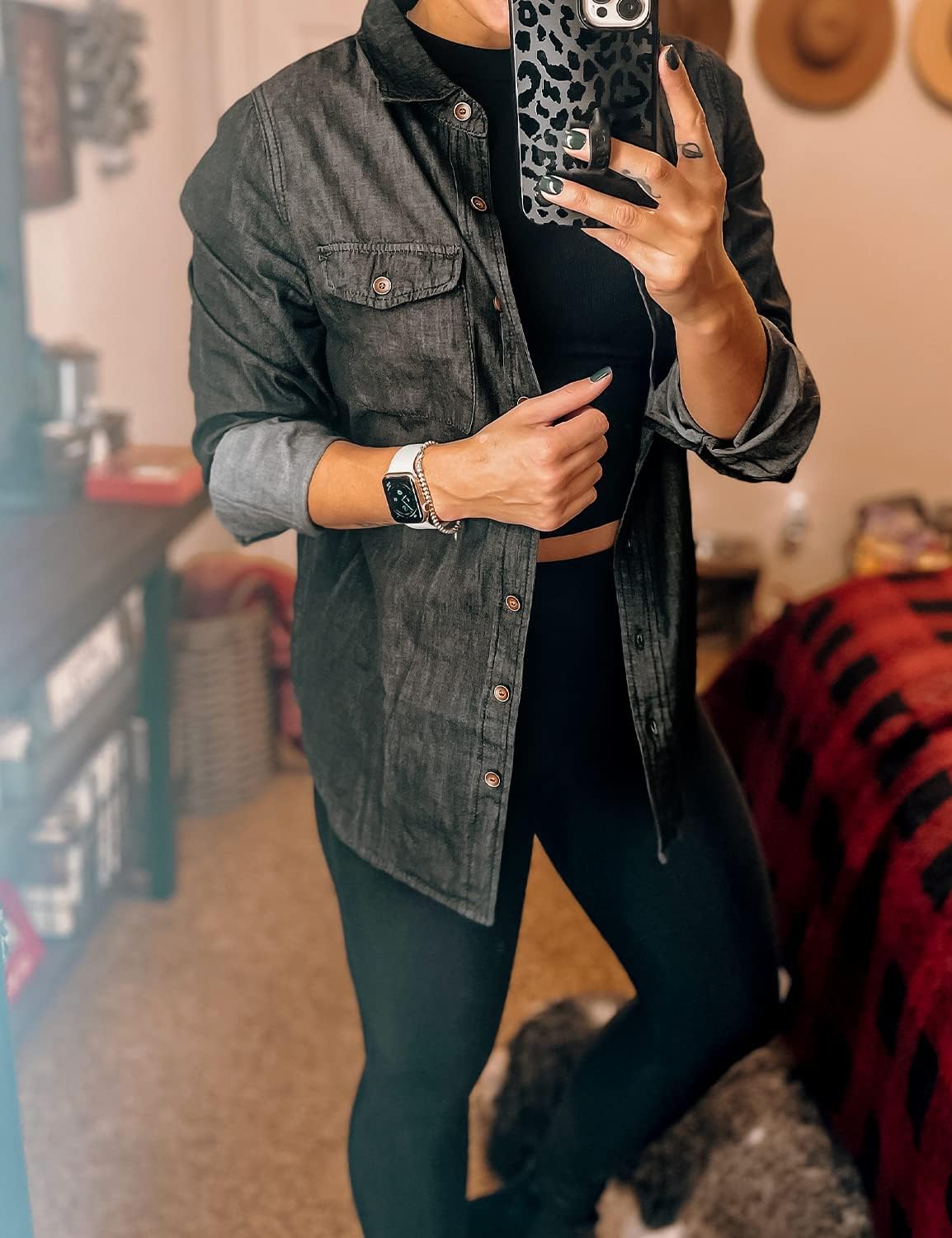 luvamia Denim Shirt Women Chambray Jean Western Shirts Long Sleeve Button Down TopsVintage Black