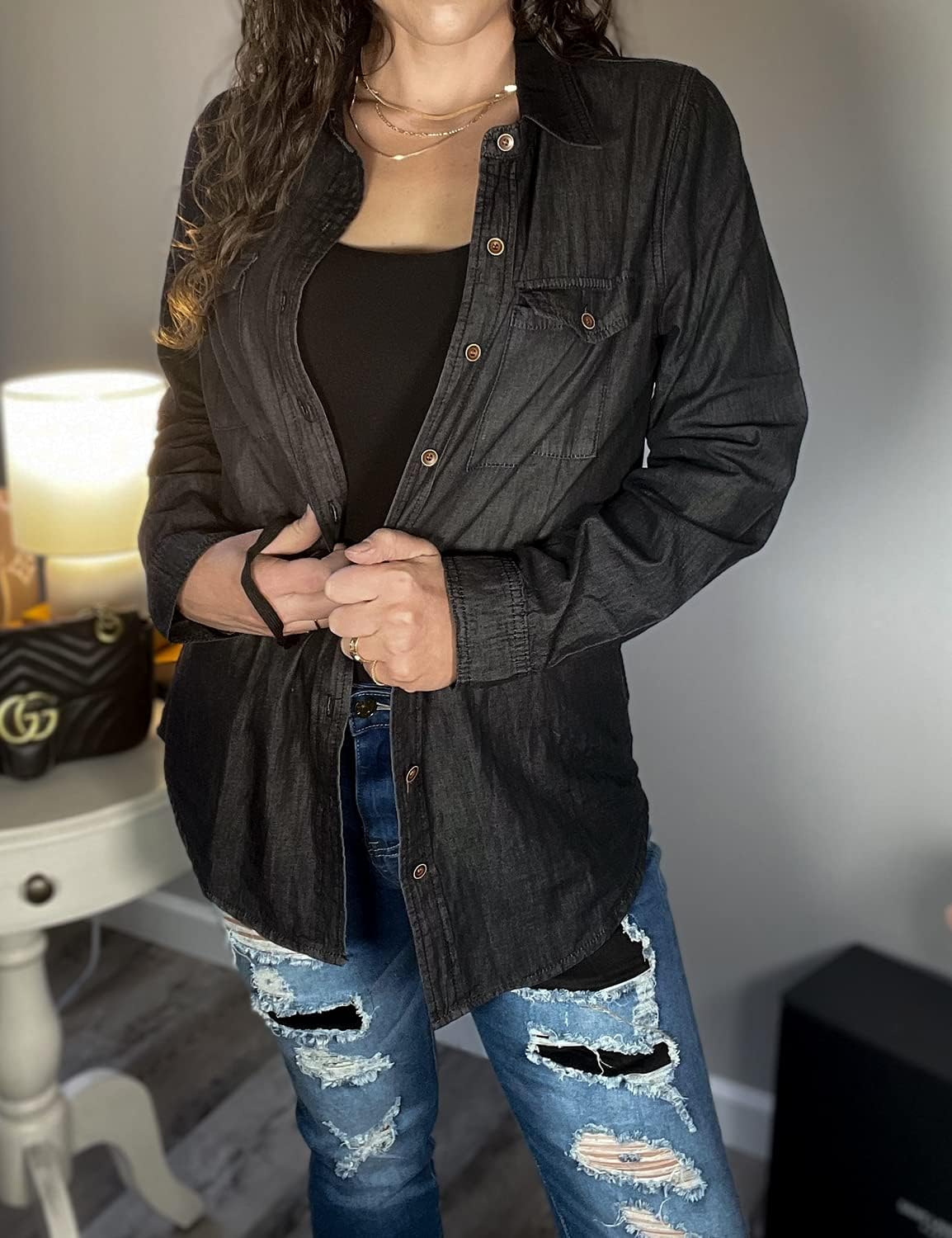 luvamia Denim Shirt Women Chambray Jean Western Shirts Long Sleeve Button Down TopsVintage Black