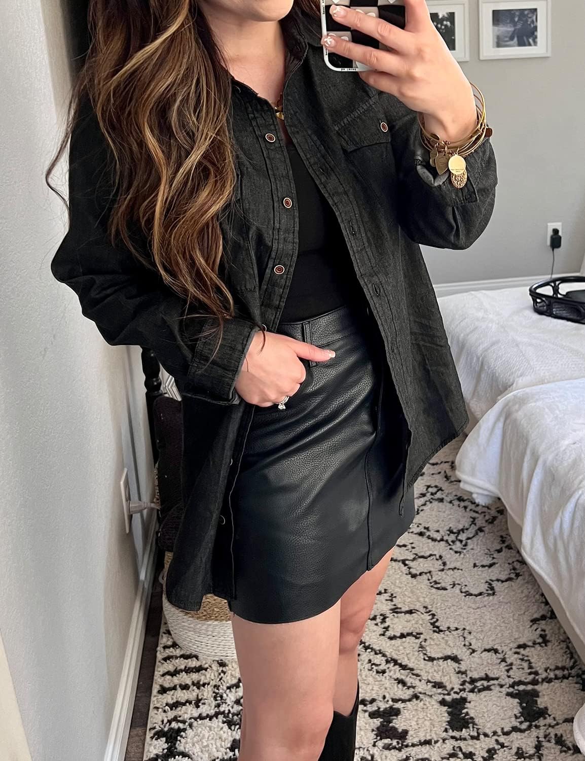 luvamia Denim Shirt Women Chambray Jean Western Shirts Long Sleeve Button Down TopsVintage Black