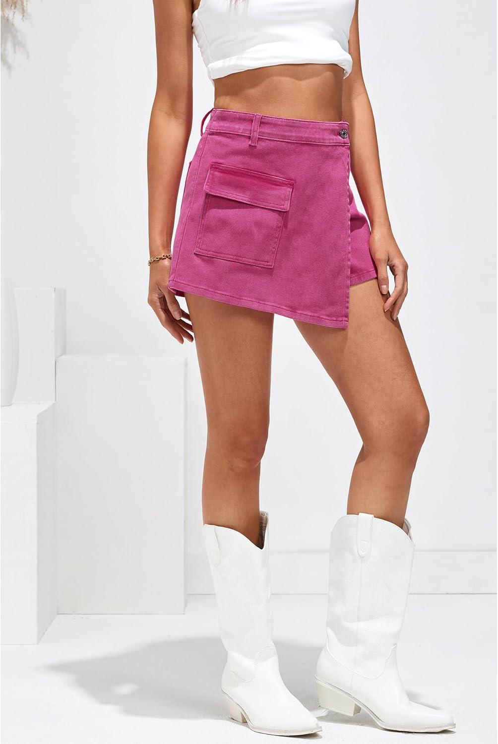 luvamia Denim Skorts for Woman Cargo Faux Wrap Jean Skort Skirts Stretchy High Waisted Skirt Shorts Country Concert WearHot Pink