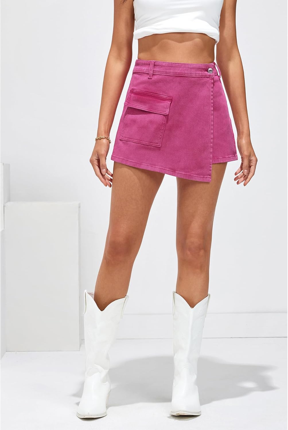 luvamia Denim Skorts for Woman Cargo Faux Wrap Jean Skort Skirts Stretchy High Waisted Skirt Shorts Country Concert WearHot Pink