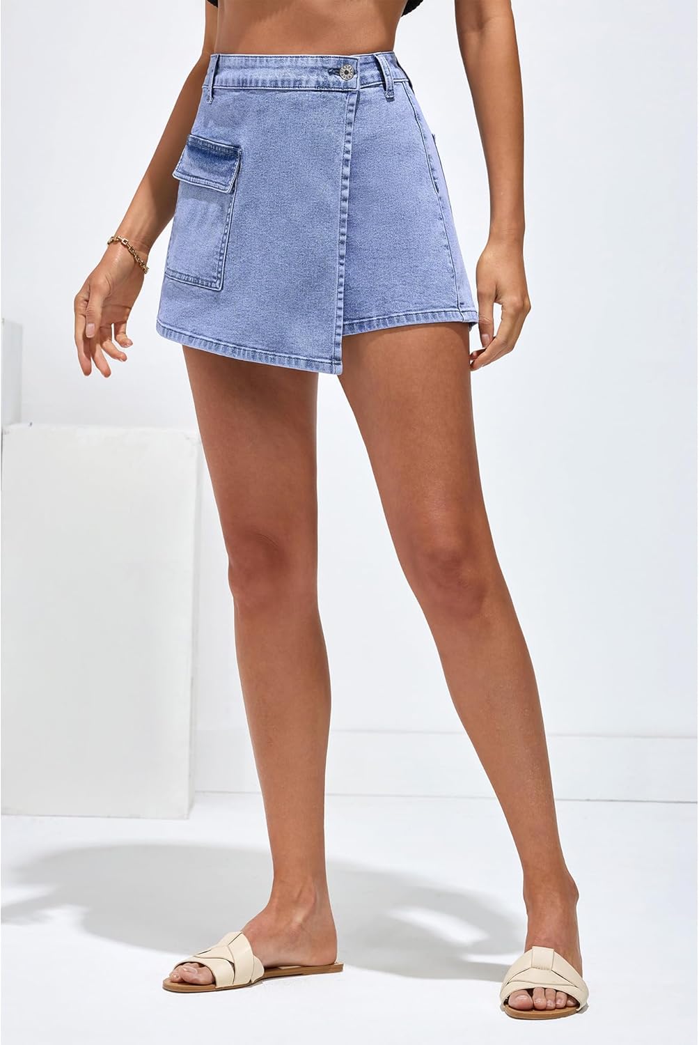 luvamia Denim Skorts for Woman Cargo Faux Wrap Jean Skort Skirts Stretchy High Waisted Skirt Shorts Country Concert WearLakeside Blue