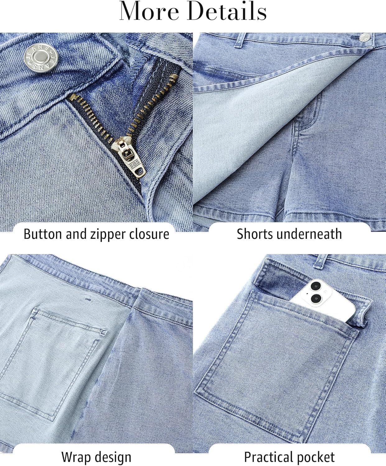 luvamia Denim Skorts for Woman Cargo Faux Wrap Jean Skort Skirts Stretchy High Waisted Skirt Shorts Country Concert WearLakeside Blue