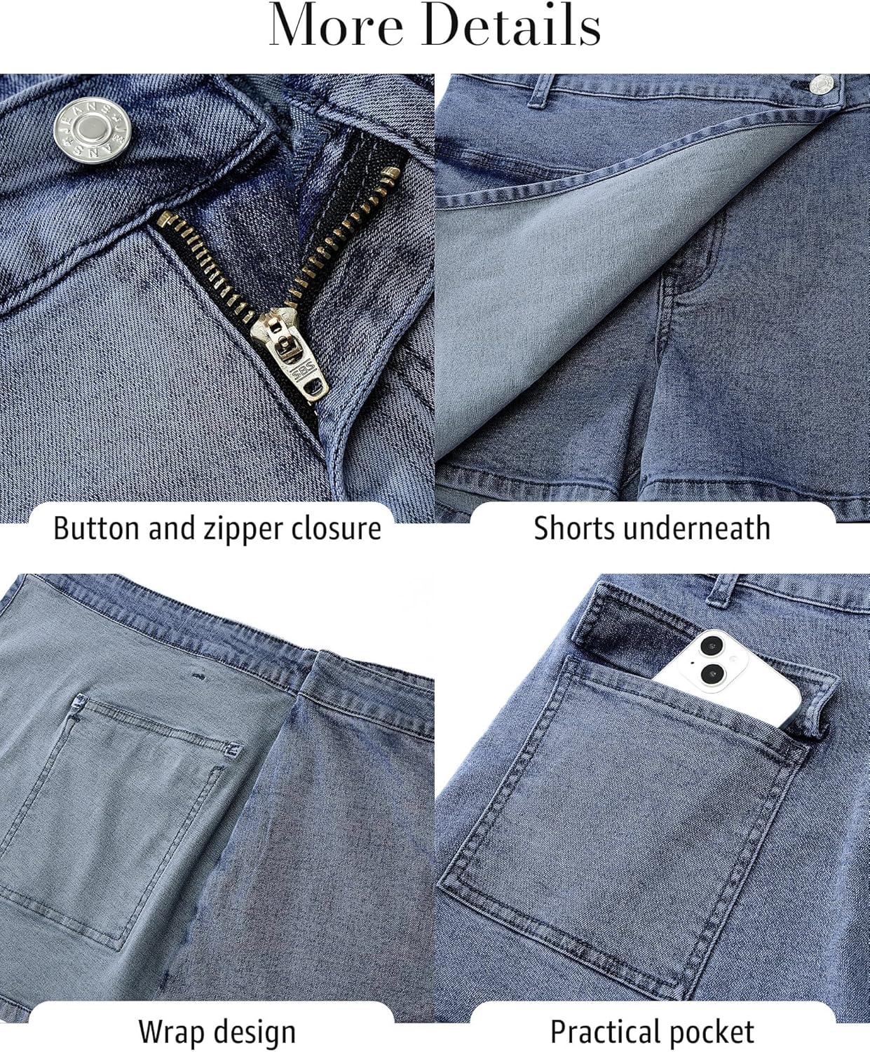 luvamia Denim Skorts for Woman Cargo Faux Wrap Jean Skort Skirts Stretchy High Waisted Skirt Shorts Country Concert WearLapis Blue