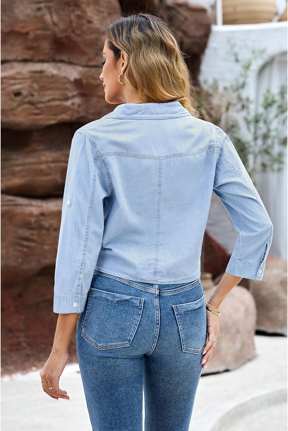 luvamia Denim Tops for Women Trendy Button Down Denim Shirt Tie Front Blouse 34 Sleeve Jean Chambray Crop Top CardiganCool Blue