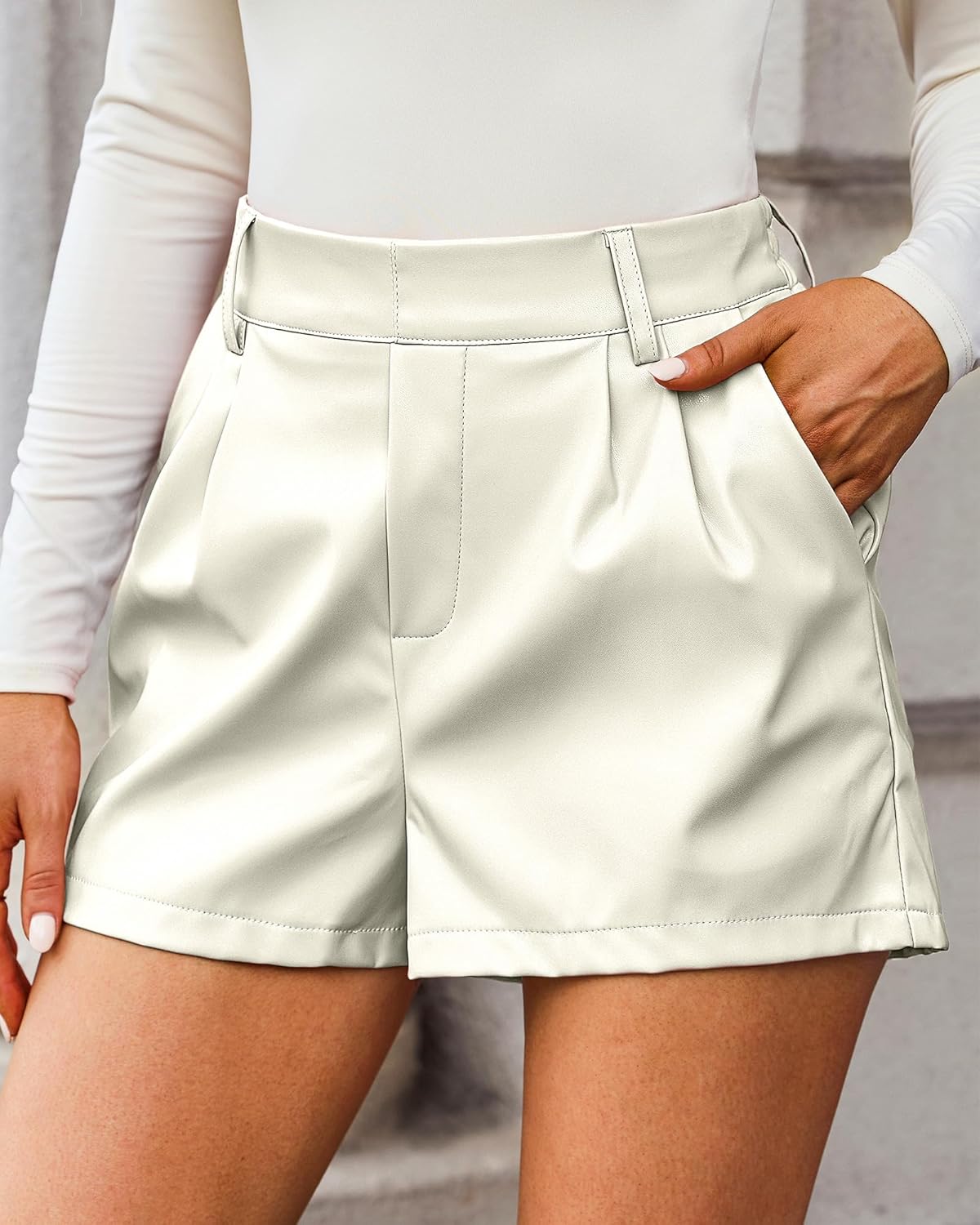 luvamia Faux Leather Shorts for Women High Waist Pleated Wide Leg Stretchy Shorts with Pockets Short PU Leather PantsAntique White