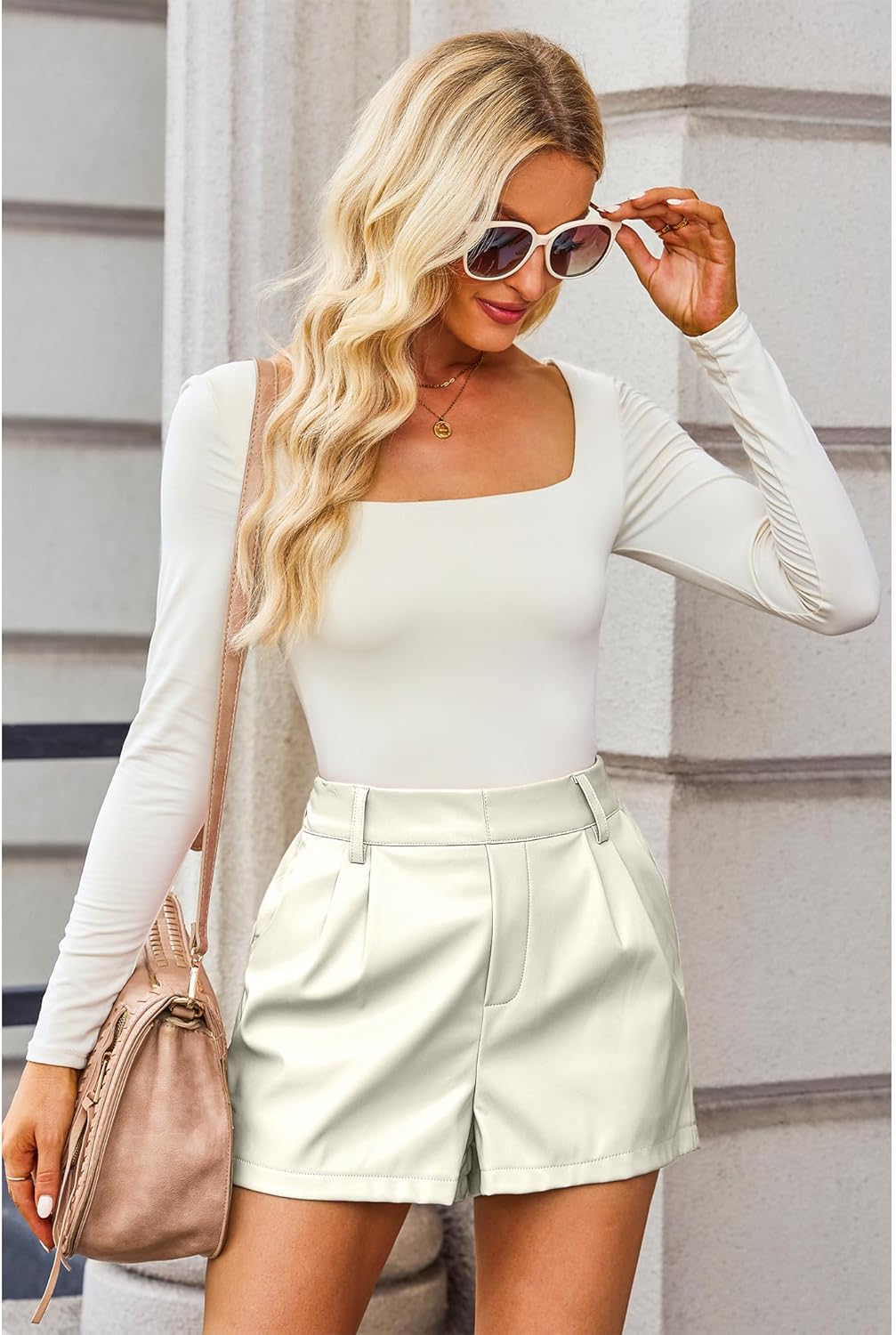 luvamia Faux Leather Shorts for Women High Waist Pleated Wide Leg Stretchy Shorts with Pockets Short PU Leather PantsAntique White