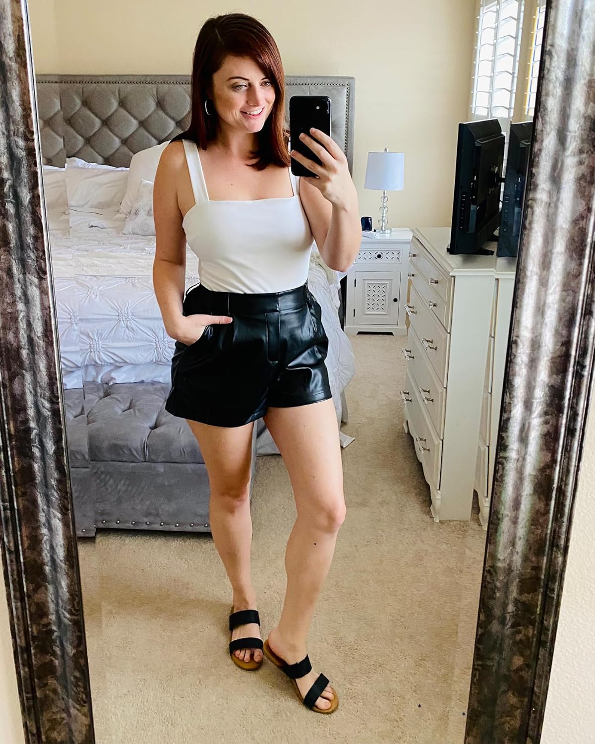 luvamia Faux Leather Shorts for Women High Waist Pleated Wide Leg Stretchy Shorts with Pockets Short PU Leather PantsBlack