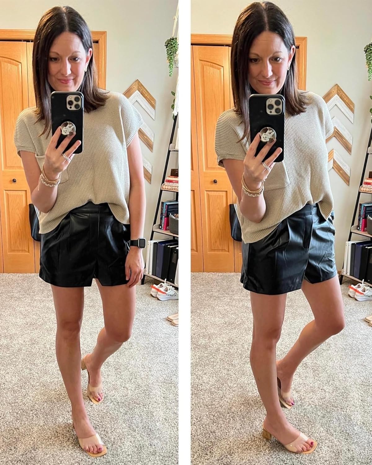 luvamia Faux Leather Shorts for Women High Waist Pleated Wide Leg Stretchy Shorts with Pockets Short PU Leather PantsBlack