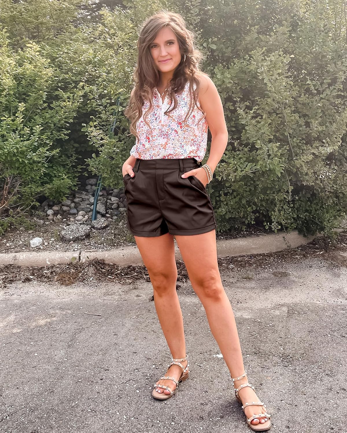 luvamia Faux Leather Shorts for Women High Waist Pleated Wide Leg Stretchy Shorts with Pockets Short PU Leather PantsChocolate Brown