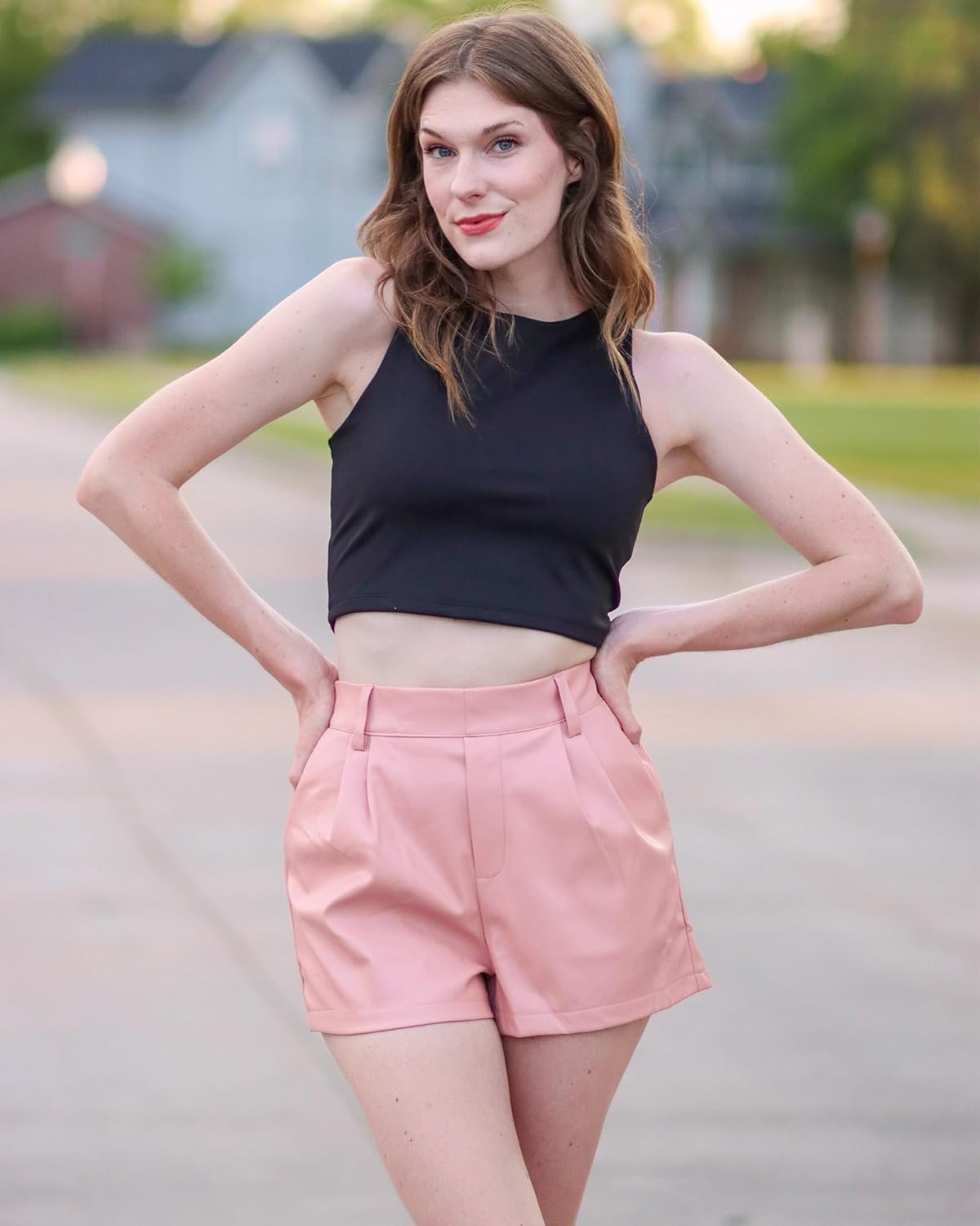 luvamia Faux Leather Shorts for Women High Waist Pleated Wide Leg Stretchy Shorts with Pockets Short PU Leather PantsDusty Pink