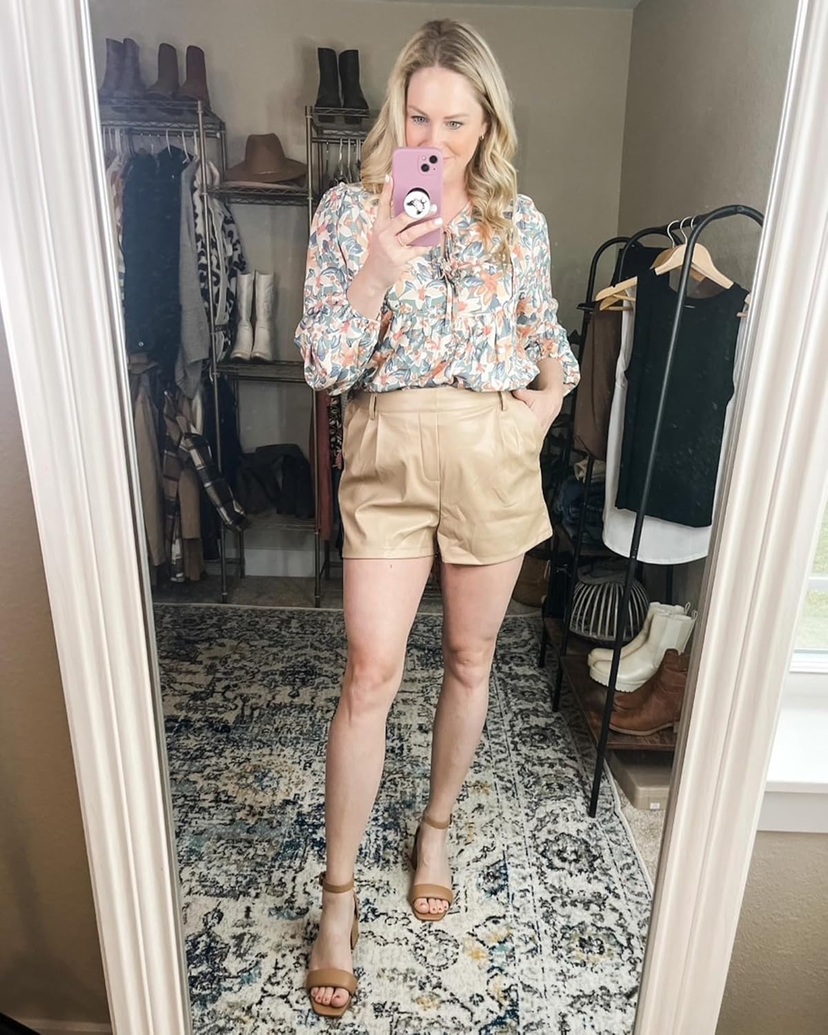 luvamia Faux Leather Shorts for Women High Waist Pleated Wide Leg Stretchy Shorts with Pockets Short PU Leather PantsToasted Almond