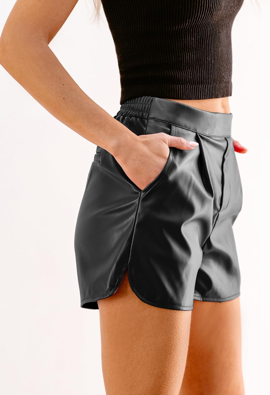 luvamia Faux Leather Shorts for Women High Wasited Pull On Pleated Side Slit Pleather Shorts with Elastic Waist PocketsBlack