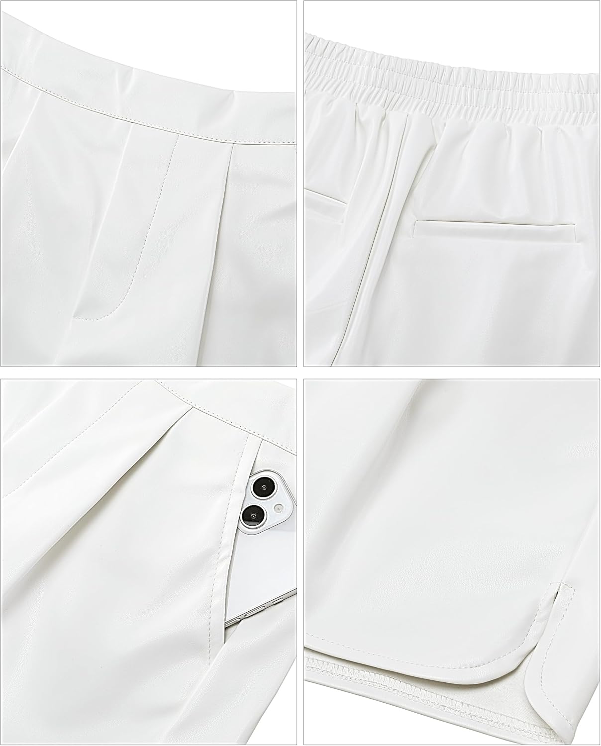 luvamia Faux Leather Shorts for Women High Wasited Pull On Pleated Side Slit Pleather Shorts with Elastic Waist PocketsWhite