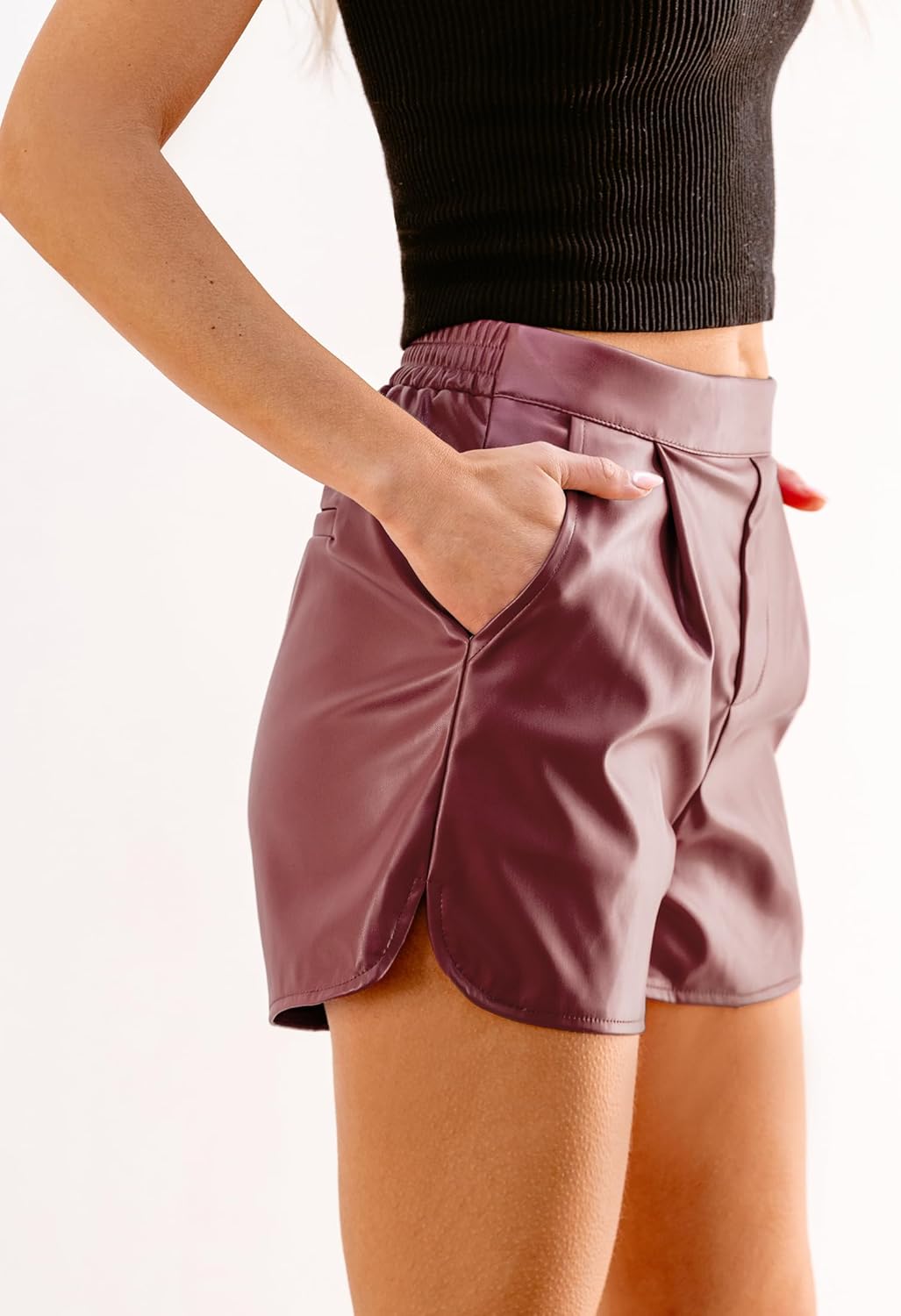 luvamia Faux Leather Shorts for Women High Wasited Pull On Pleated Side Slit Pleather Shorts with Elastic Waist PocketsWine Red