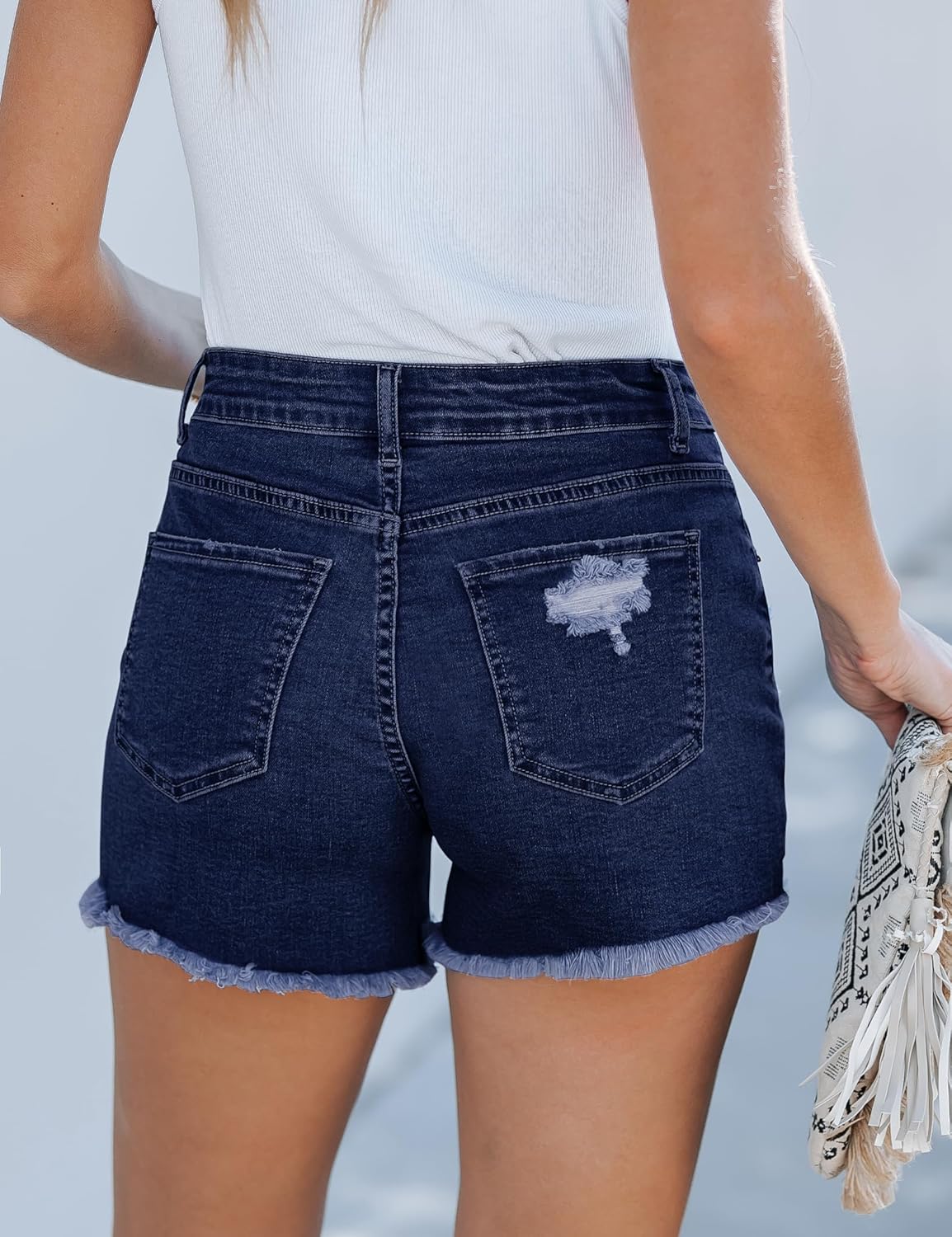luvamia Jean Shorts for Women High Waisted Stretchy Distressed Denim Shorts Ripped Frayed Raw Hem Summer Casual ShortsDark Blue