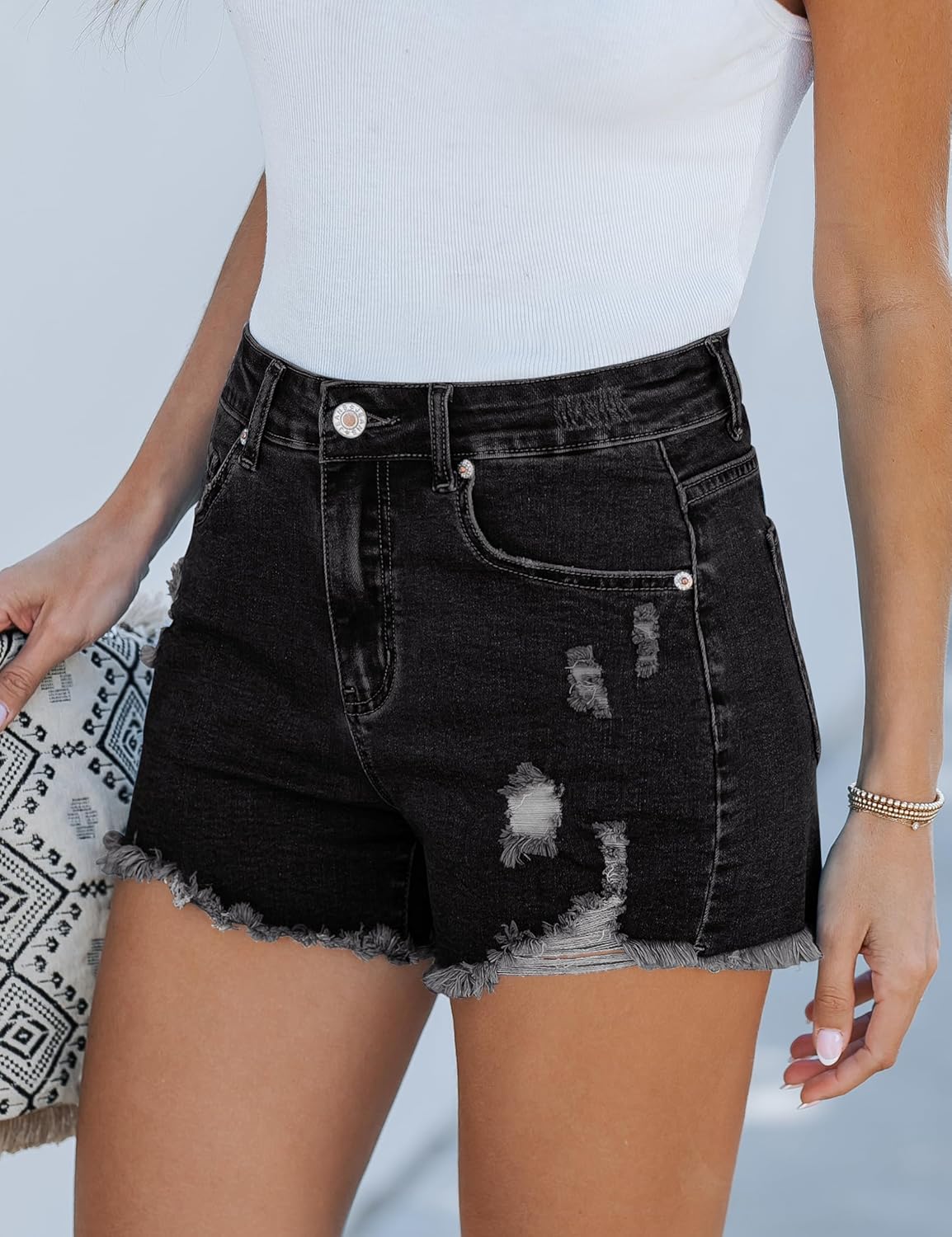 luvamia Jean Shorts for Women High Waisted Stretchy Distressed Denim Shorts Ripped Frayed Raw Hem Summer Casual ShortsWashed Black