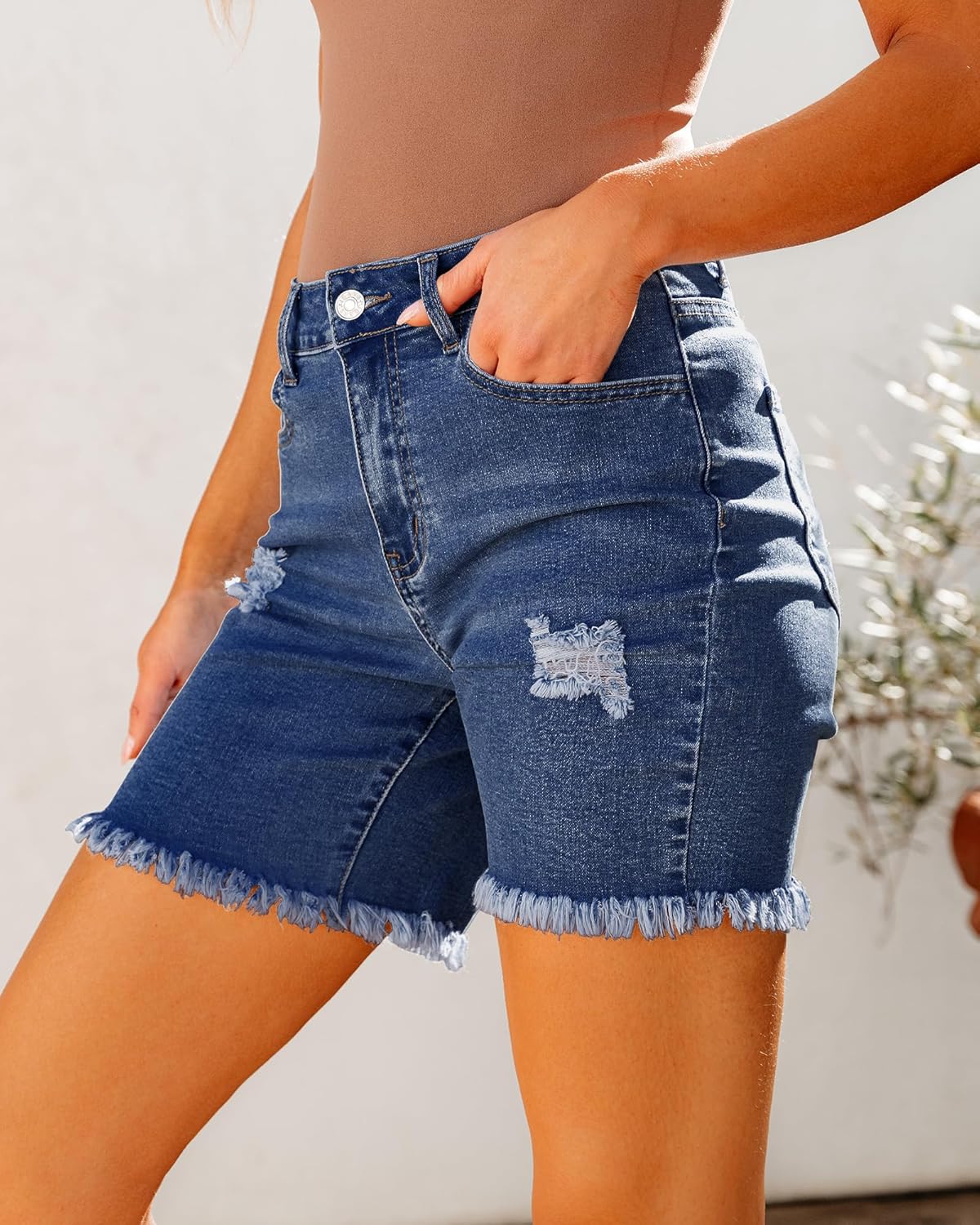 luvamia Jean Shorts for Women High Waisted Trendy Casual Distressed Stretchy Denim Long Shorts Ripped Raw Hem ShortsClassic Blue