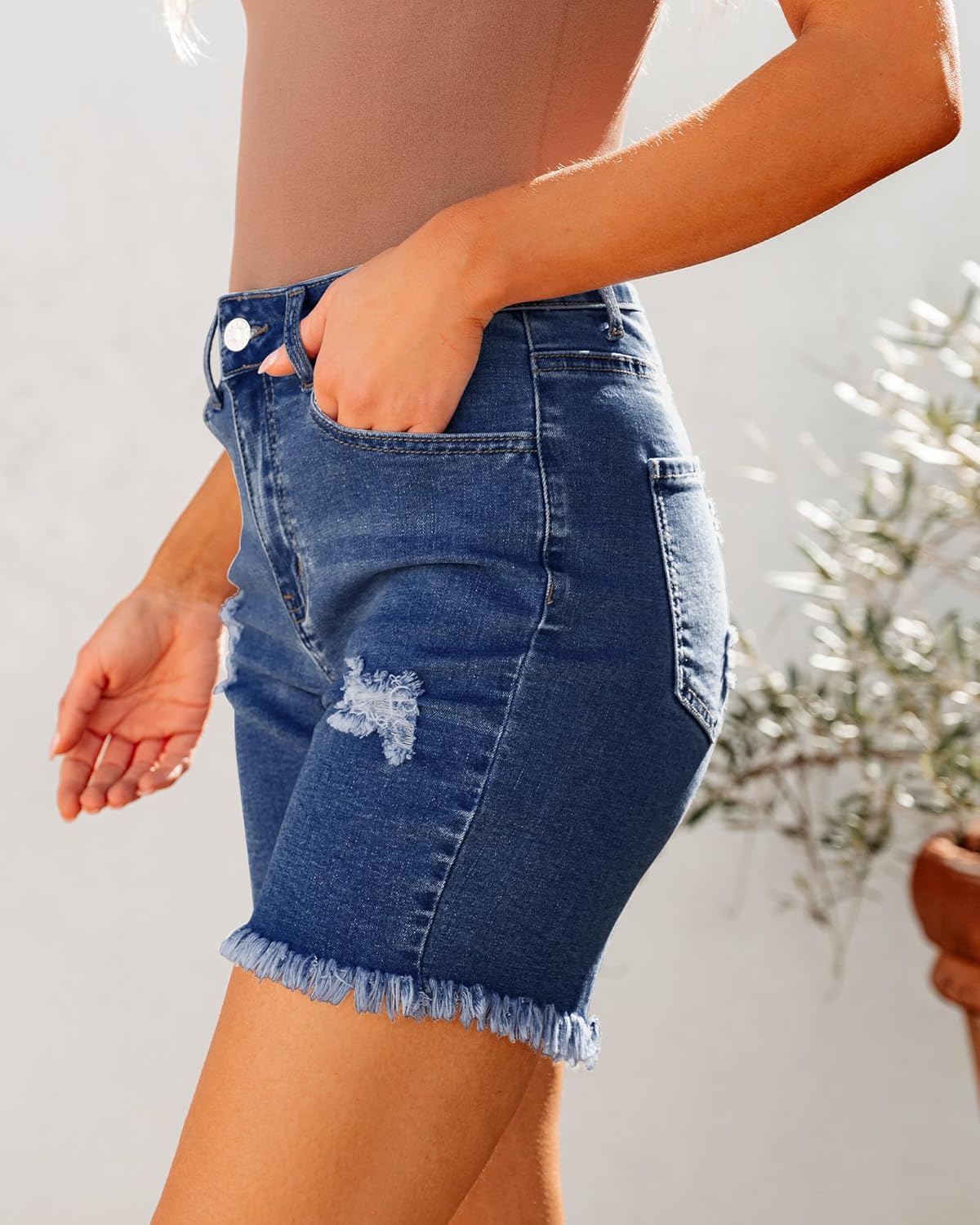 luvamia Jean Shorts for Women High Waisted Trendy Casual Distressed Stretchy Denim Long Shorts Ripped Raw Hem ShortsClassic Blue
