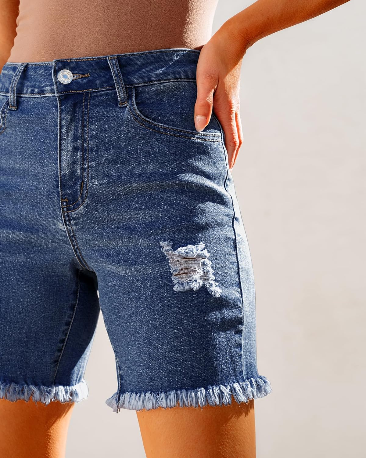 luvamia Jean Shorts for Women High Waisted Trendy Casual Distressed Stretchy Denim Long Shorts Ripped Raw Hem ShortsClassic Blue