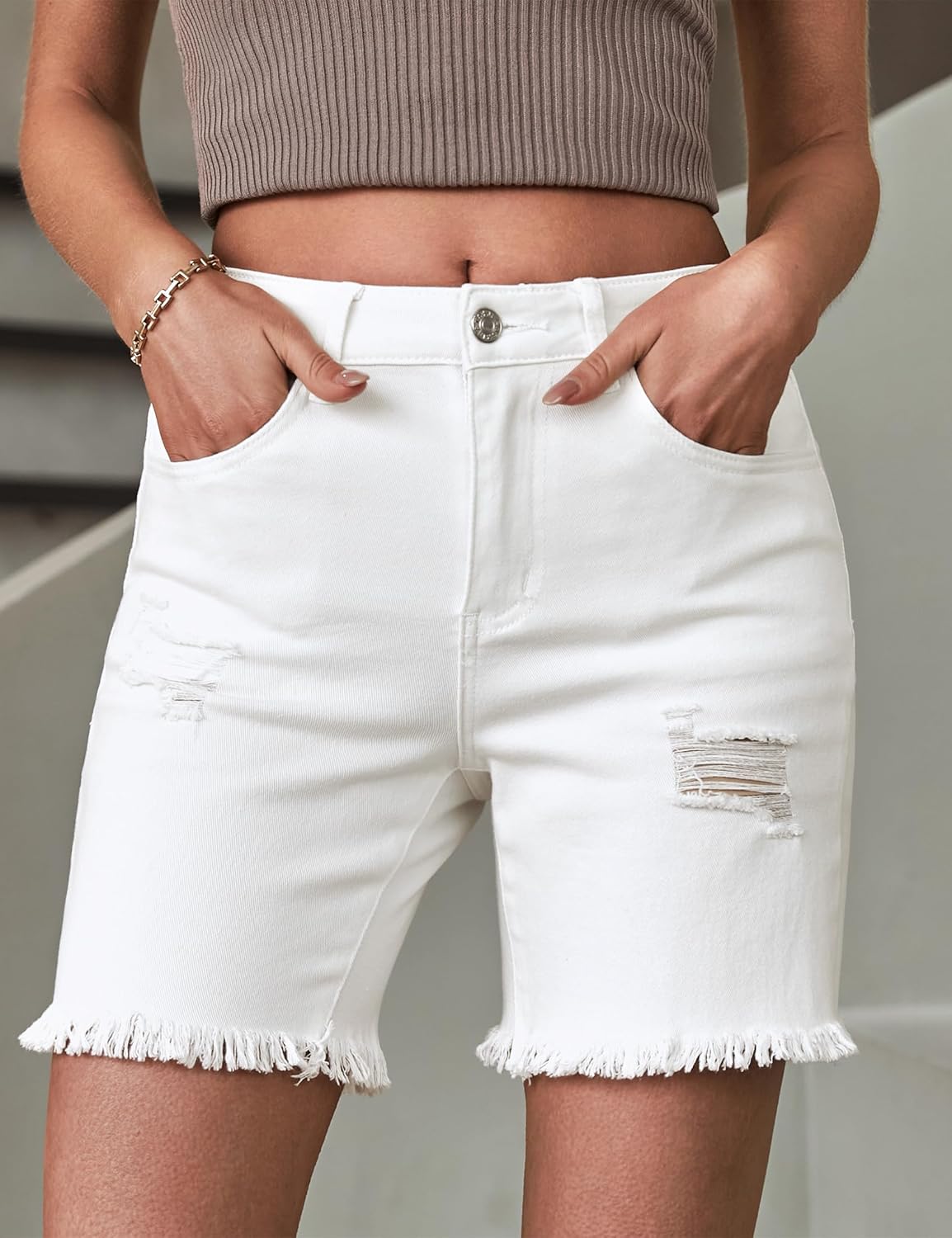 luvamia Jean Shorts for Women High Waisted Trendy Casual Distressed Stretchy Denim Long Shorts Ripped Raw Hem ShortsCream White
