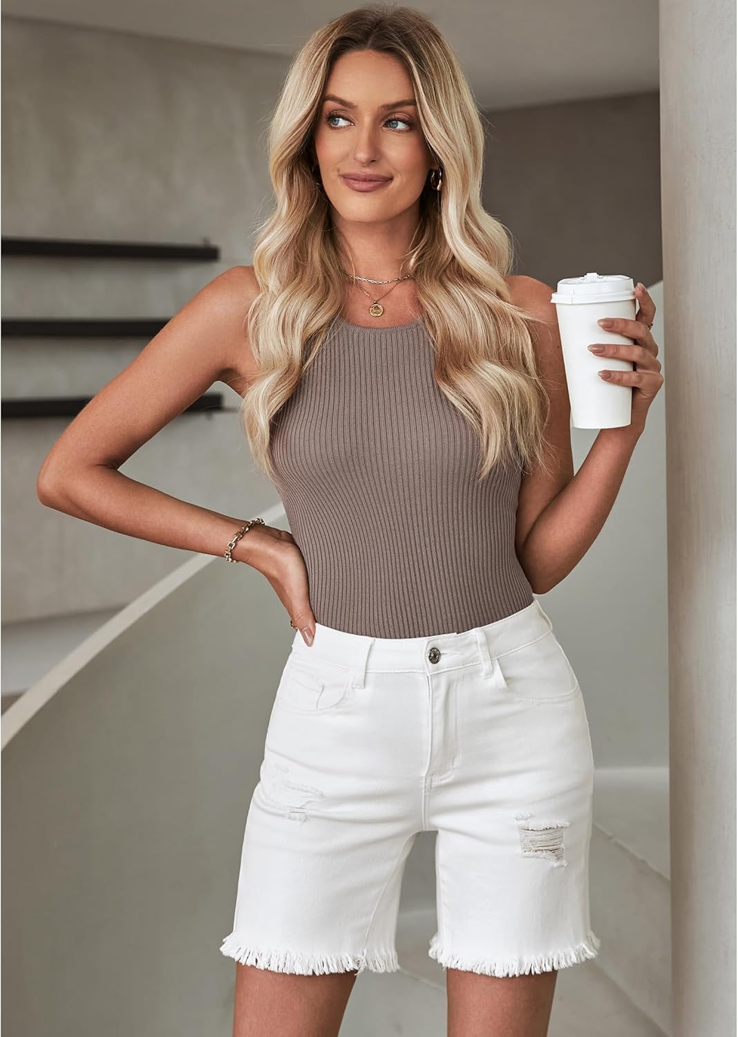 luvamia Jean Shorts for Women High Waisted Trendy Casual Distressed Stretchy Denim Long Shorts Ripped Raw Hem ShortsCream White