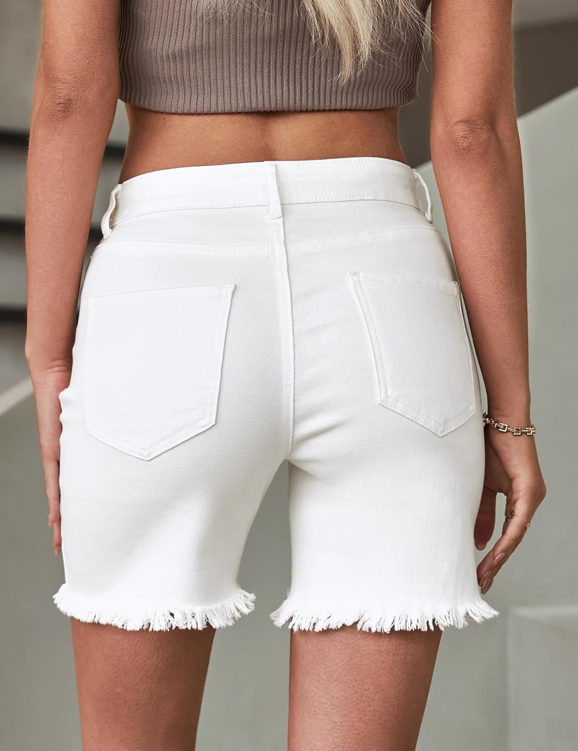 luvamia Jean Shorts for Women High Waisted Trendy Casual Distressed Stretchy Denim Long Shorts Ripped Raw Hem ShortsCream White