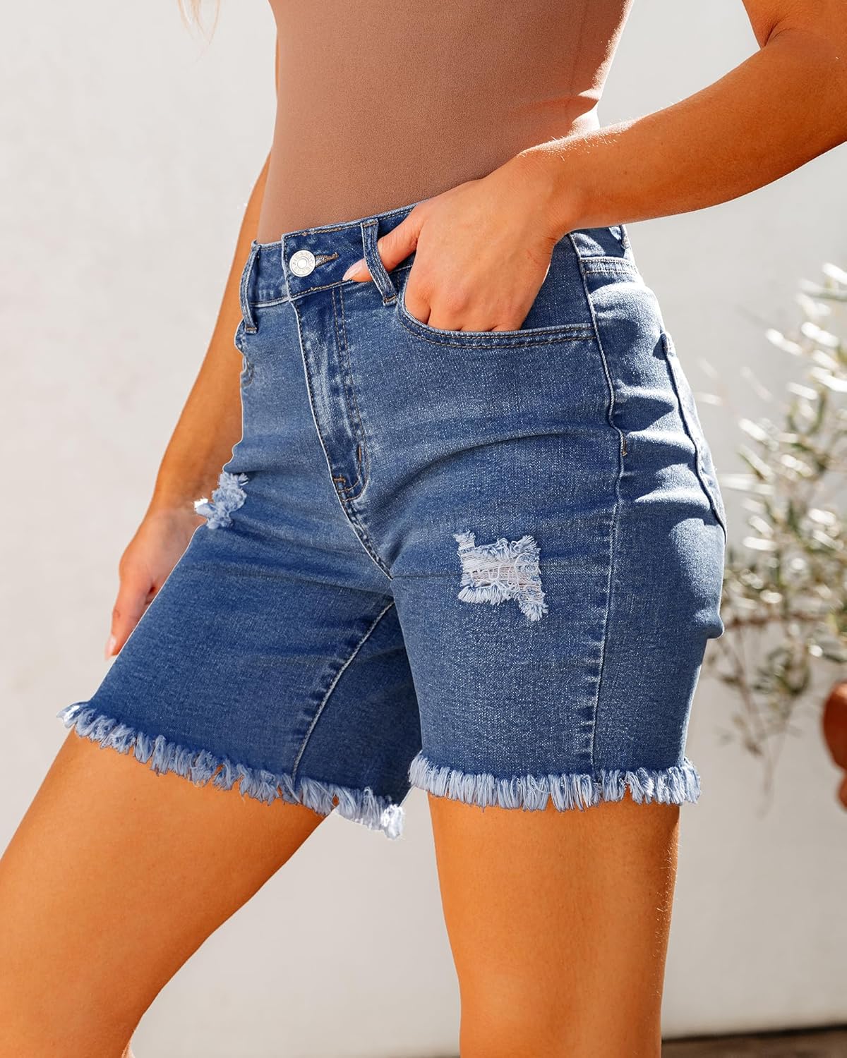 luvamia Jean Shorts for Women High Waisted Trendy Casual Distressed Stretchy Denim Long Shorts Ripped Raw Hem ShortsMedkum Blue