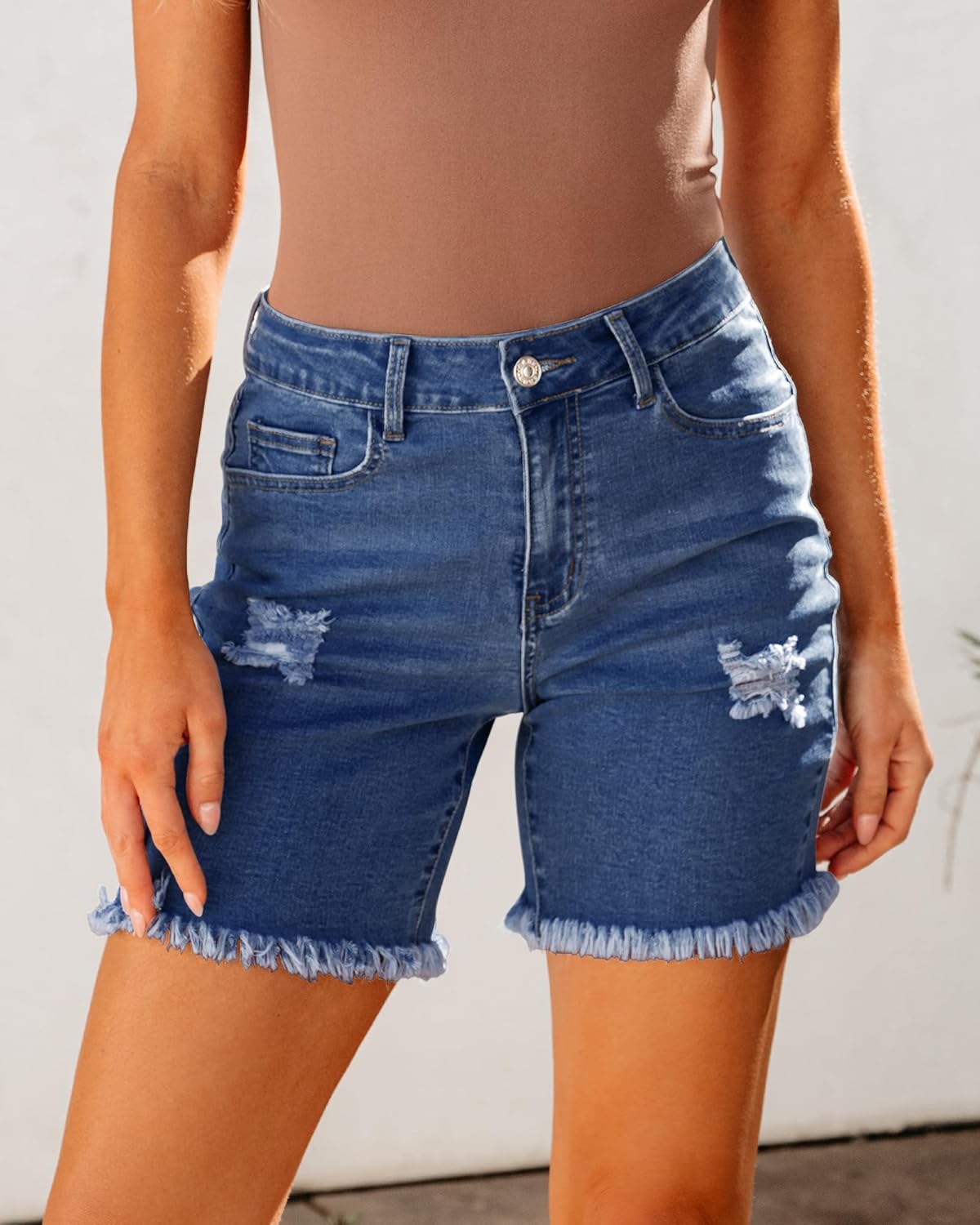 luvamia Jean Shorts for Women High Waisted Trendy Casual Distressed Stretchy Denim Long Shorts Ripped Raw Hem ShortsMedkum Blue