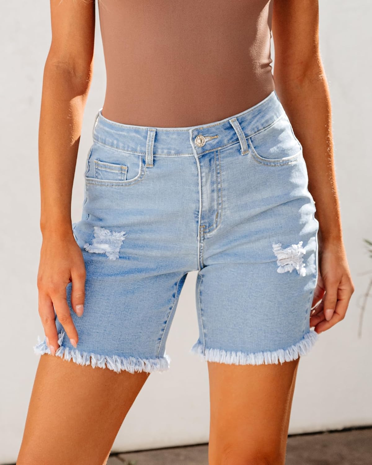 luvamia Jean Shorts for Women High Waisted Trendy Casual Distressed Stretchy Denim Long Shorts Ripped Raw Hem ShortsPowder Blue