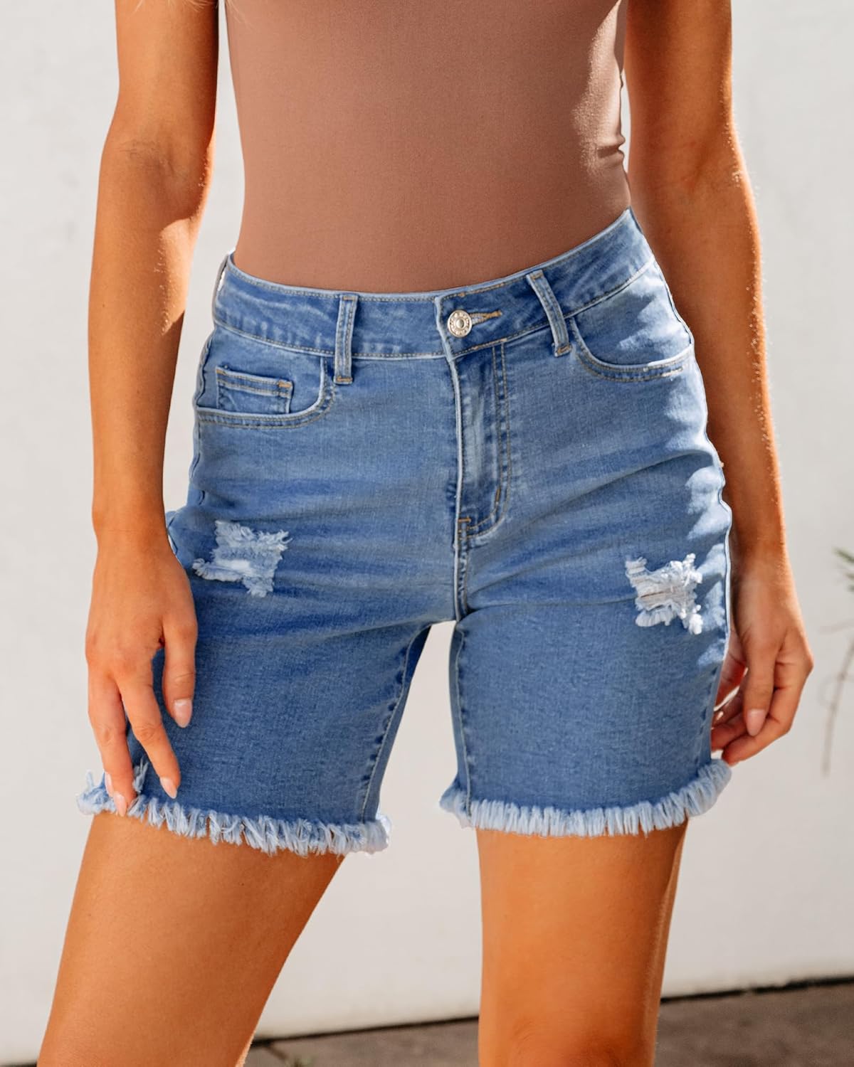 luvamia Jean Shorts for Women High Waisted Trendy Casual Distressed Stretchy Denim Long Shorts Ripped Raw Hem ShortsSky Blue