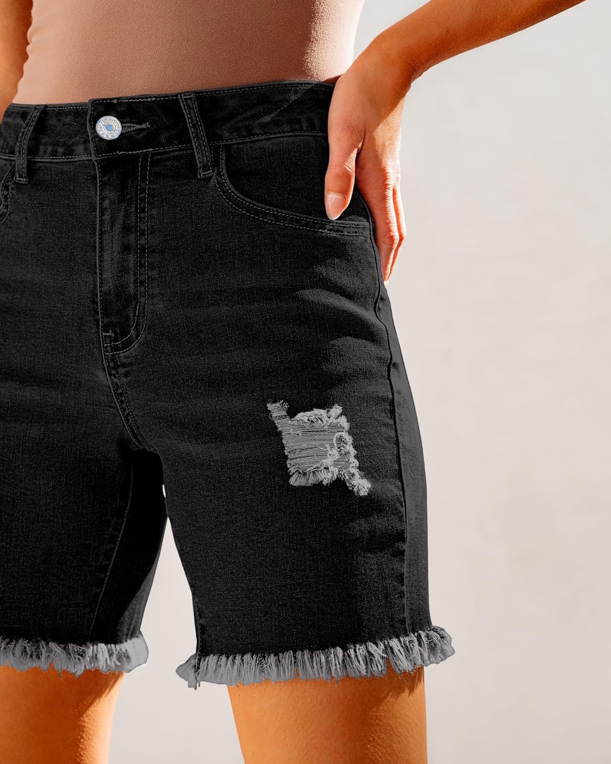 luvamia Jean Shorts for Women High Waisted Trendy Casual Distressed Stretchy Denim Long Shorts Ripped Raw Hem ShortsWashed Black