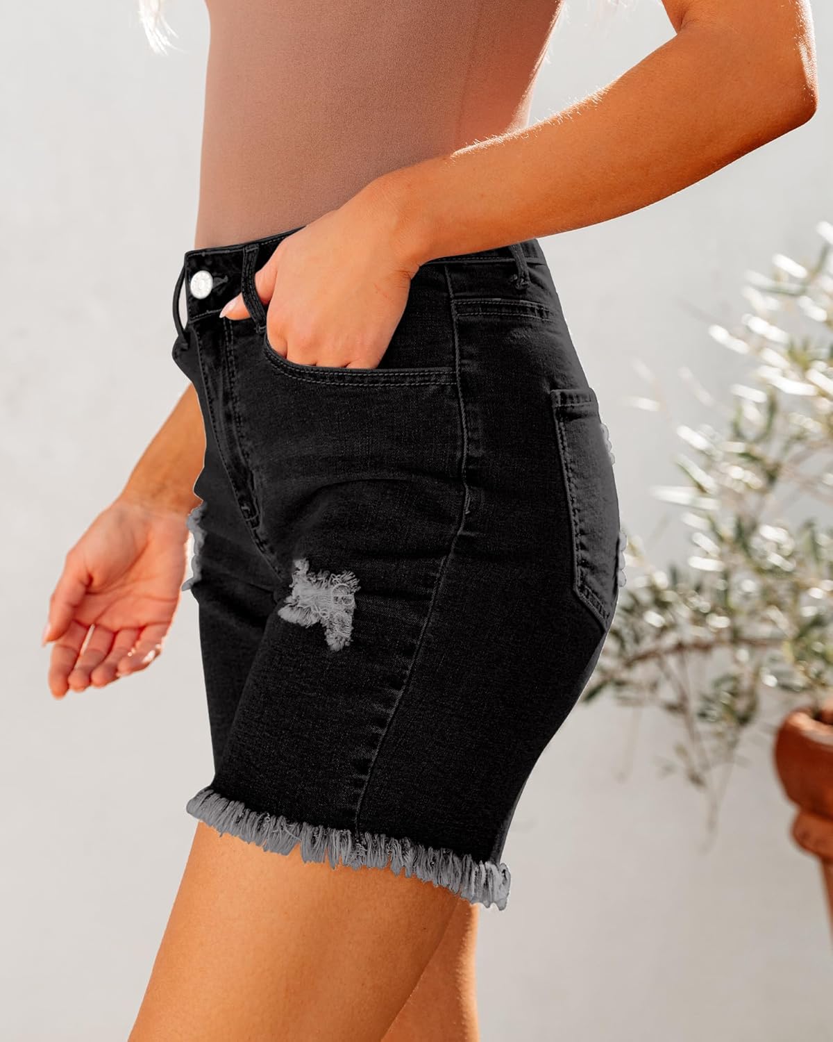 luvamia Jean Shorts for Women High Waisted Trendy Casual Distressed Stretchy Denim Long Shorts Ripped Raw Hem ShortsWashed Black
